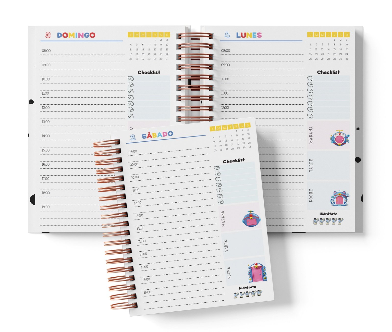 Diaria Doraemon con horario de 08:00 a 19:00, Checklist y bloques de mañana, tarde y noche.