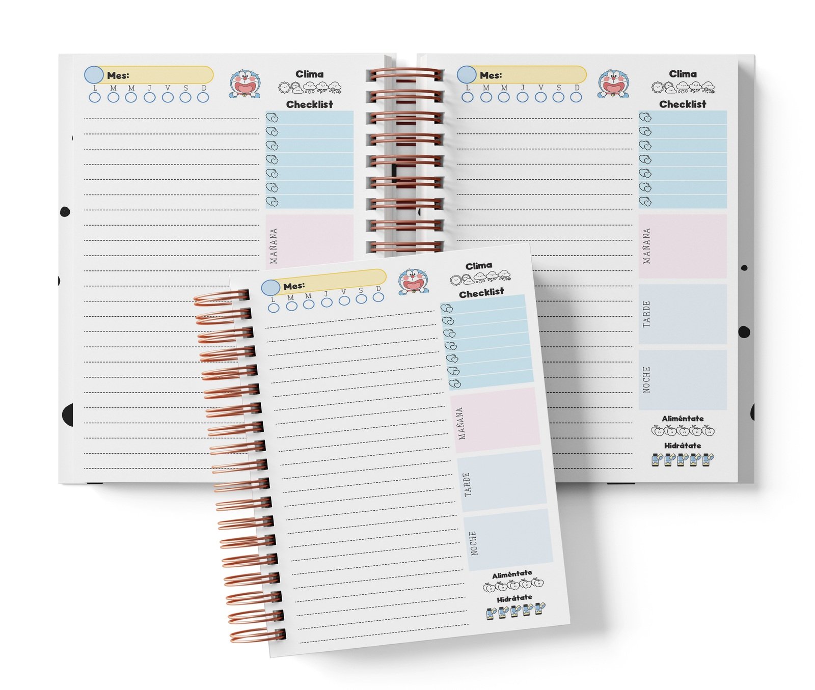 Planner diario Doraemon con Mes y selector de día por completar, clima, Checklist, alimentación e hidratación.