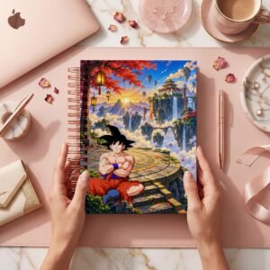 Fotografía comercial de la portada Dragon Ball 004, con Goku sentado ante montañas flotantes y templos; presentación de archivos digitales.