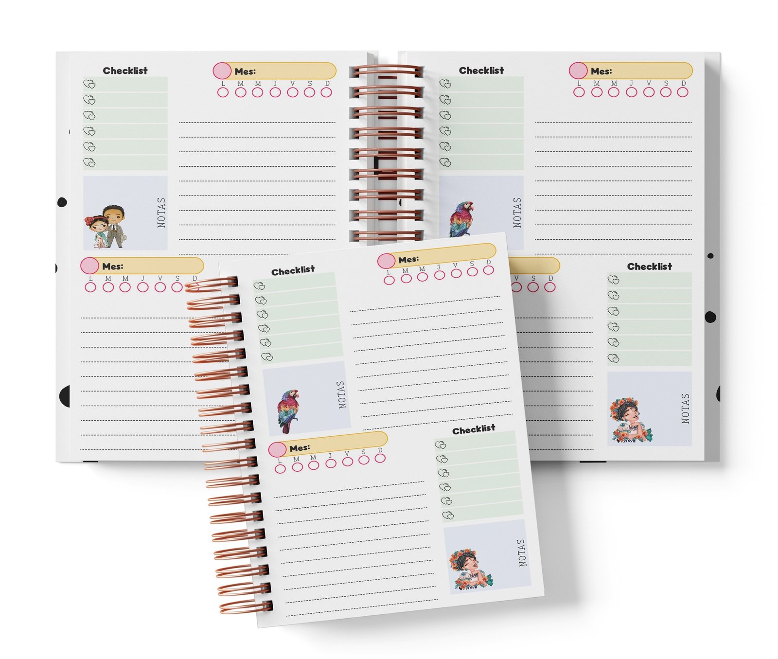 Planner Frida con dos espacios por página, Mes y día por completar, Checklist y notas.