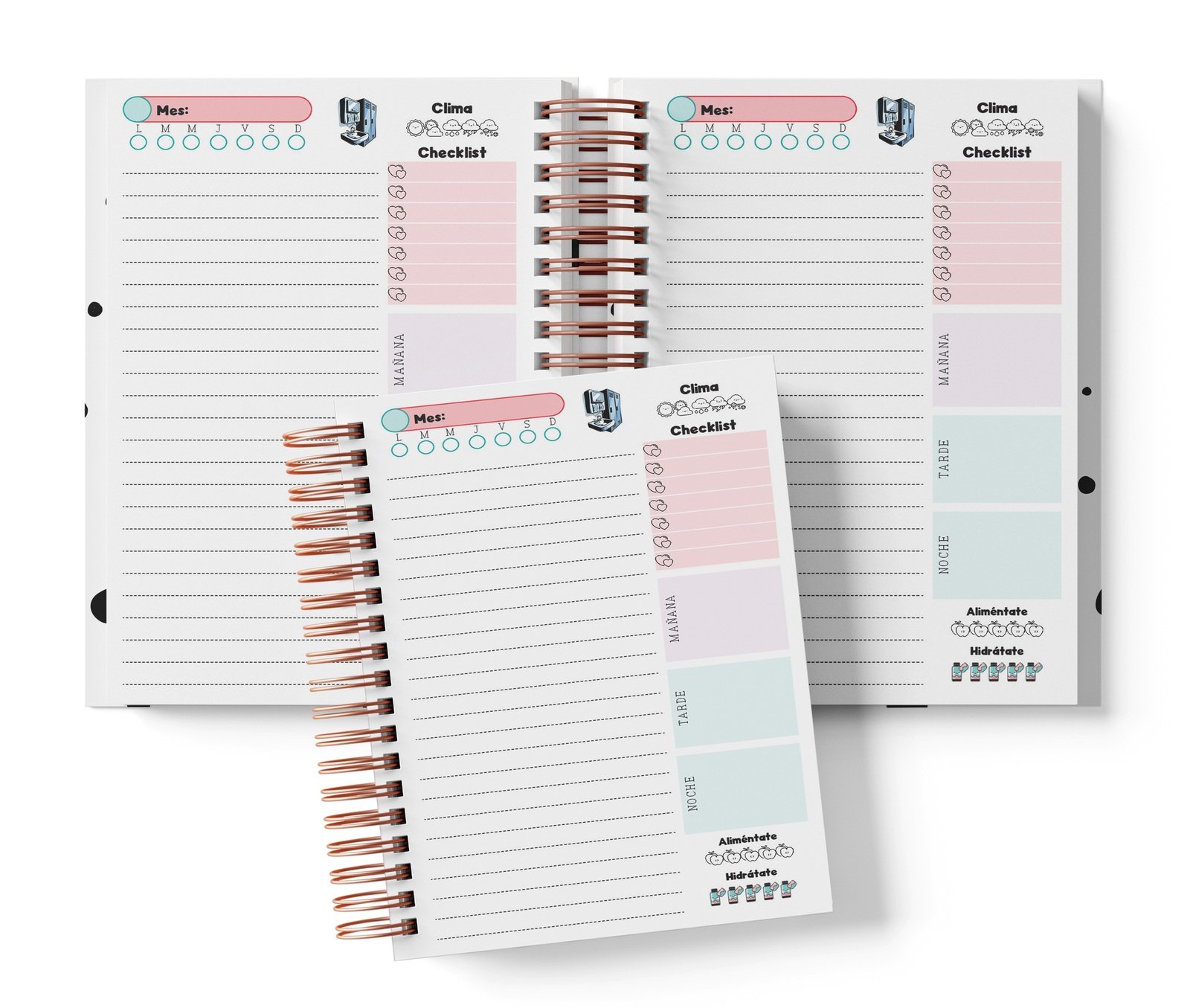 Planner diario Greys con Mes y selector de día por completar, clima, Checklist, alimentación e hidratación.