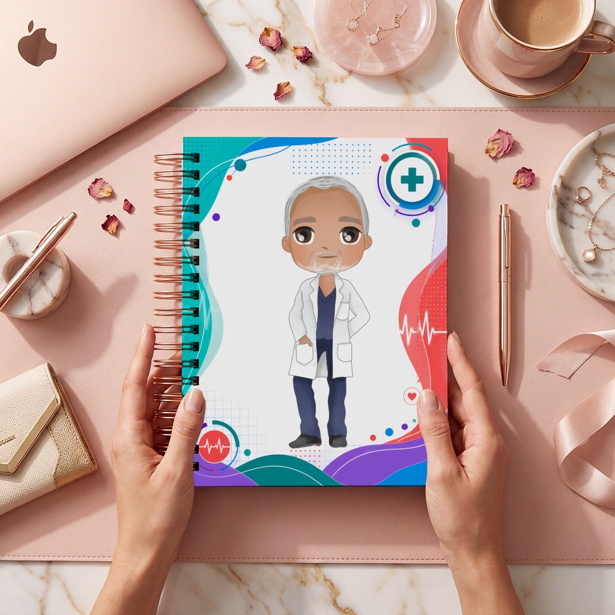 Fotografía comercial de la portada Greys 019, con figura de cabello gris y bata blanca en marco turquesa, azul, coral y morado; muestra de archivos digitales.