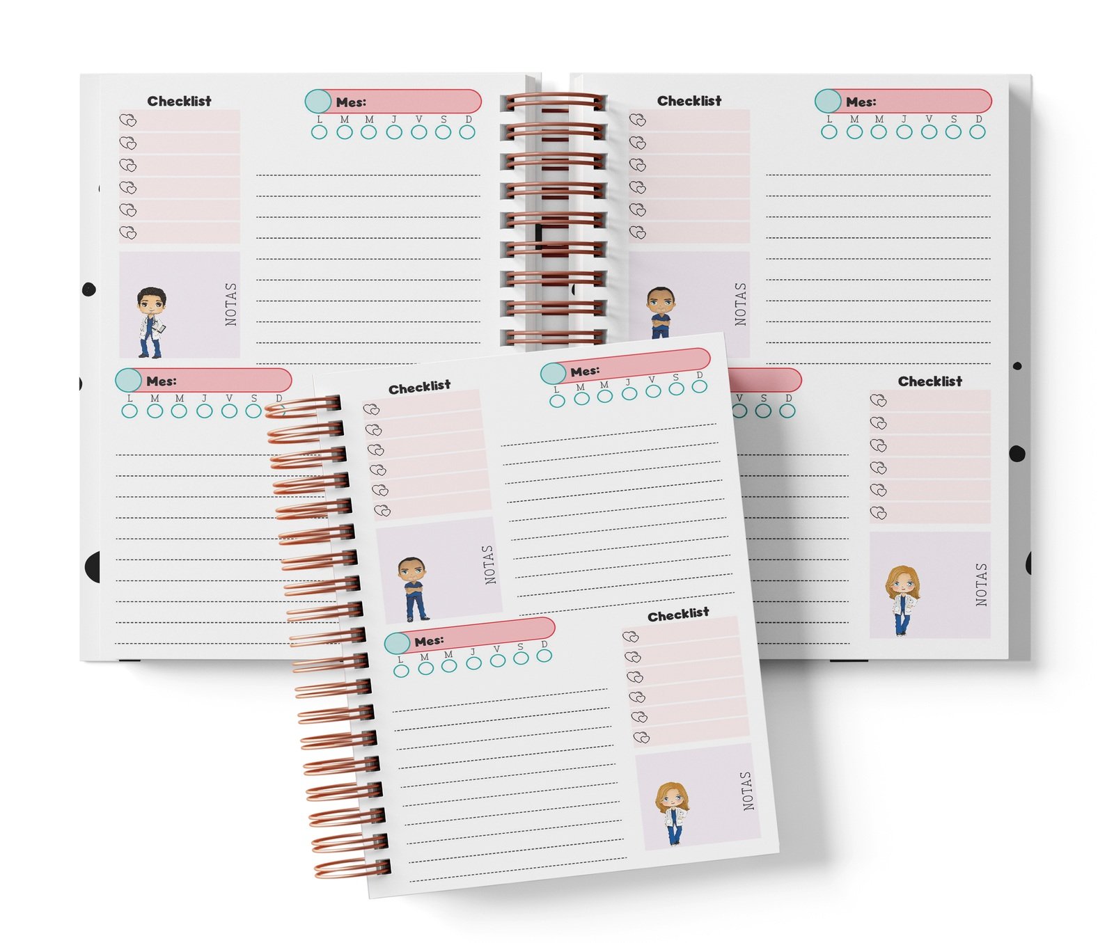 Planner Greys con dos espacios por página, Mes y día por completar, Checklist y notas.