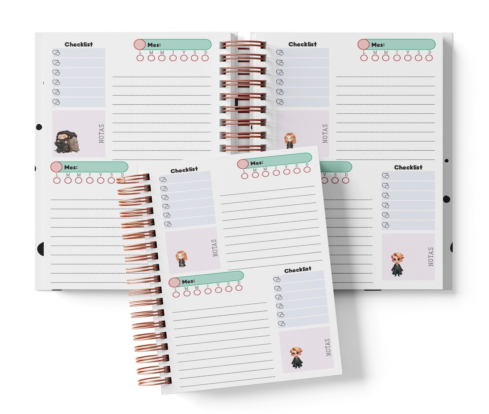 Planner Harry Potter con dos espacios por página, Mes y día por completar, Checklist y notas.
