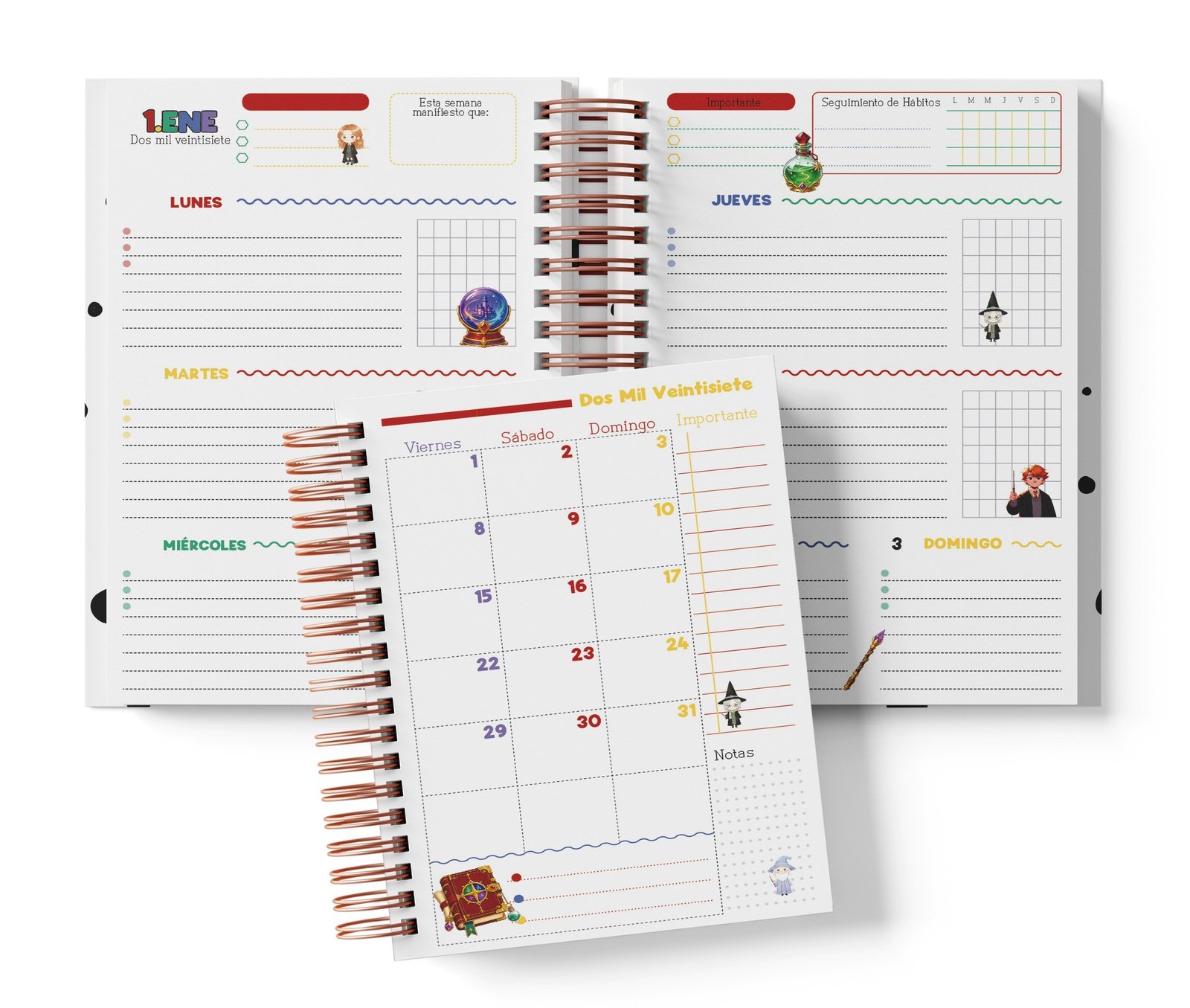 Interior semanal Harry Potter con planificación por días, Seguimiento de Hábitos y muestra mensual.