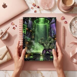 Mockup de portada Hulk 002: figura con brazos levantados en un laboratorio iluminado en verde; se ve el frente del cuaderno sostenido por manos.