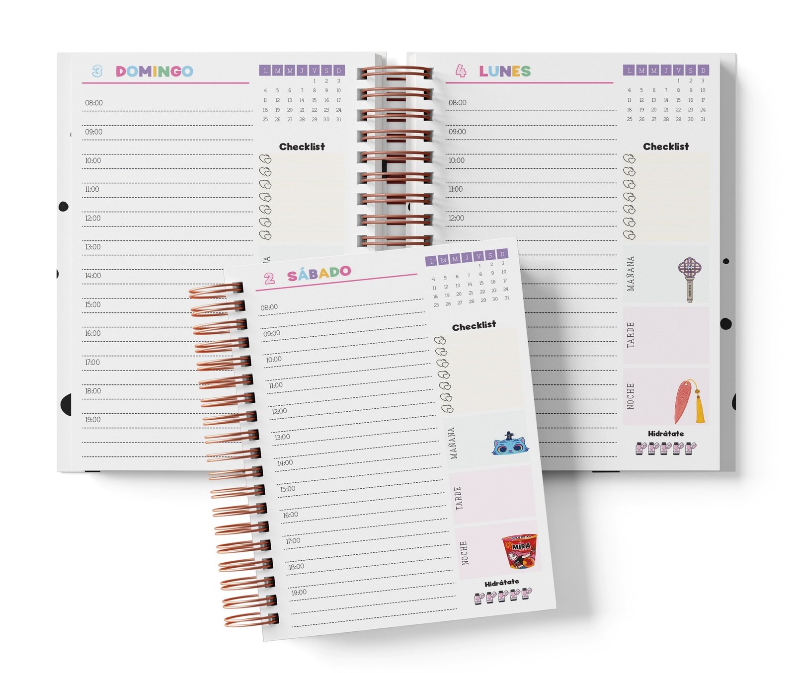 Diaria Huntrix con horario de 08:00 a 19:00, Checklist y bloques de mañana, tarde y noche.