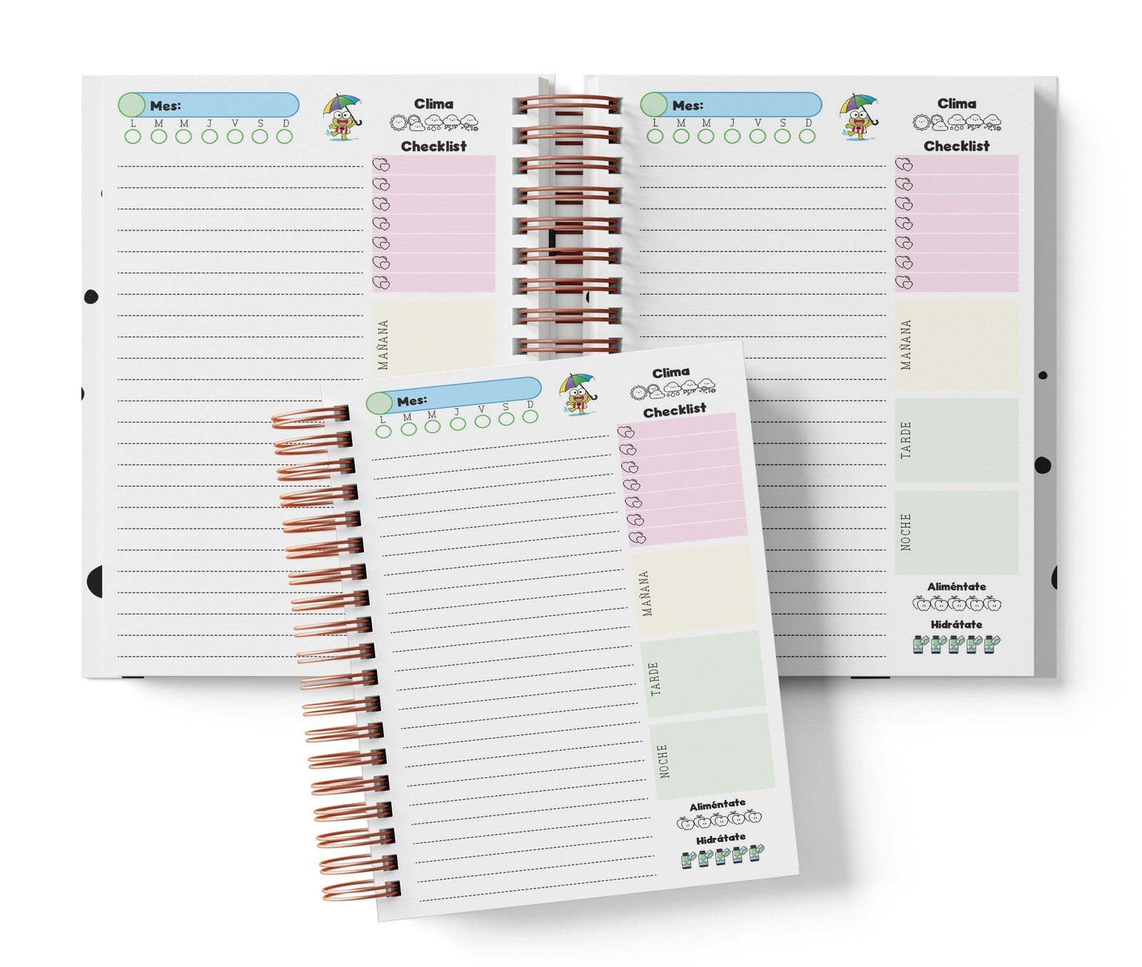 Planner diario Keroppi con Mes y selector de día por completar, clima, Checklist, alimentación e hidratación.