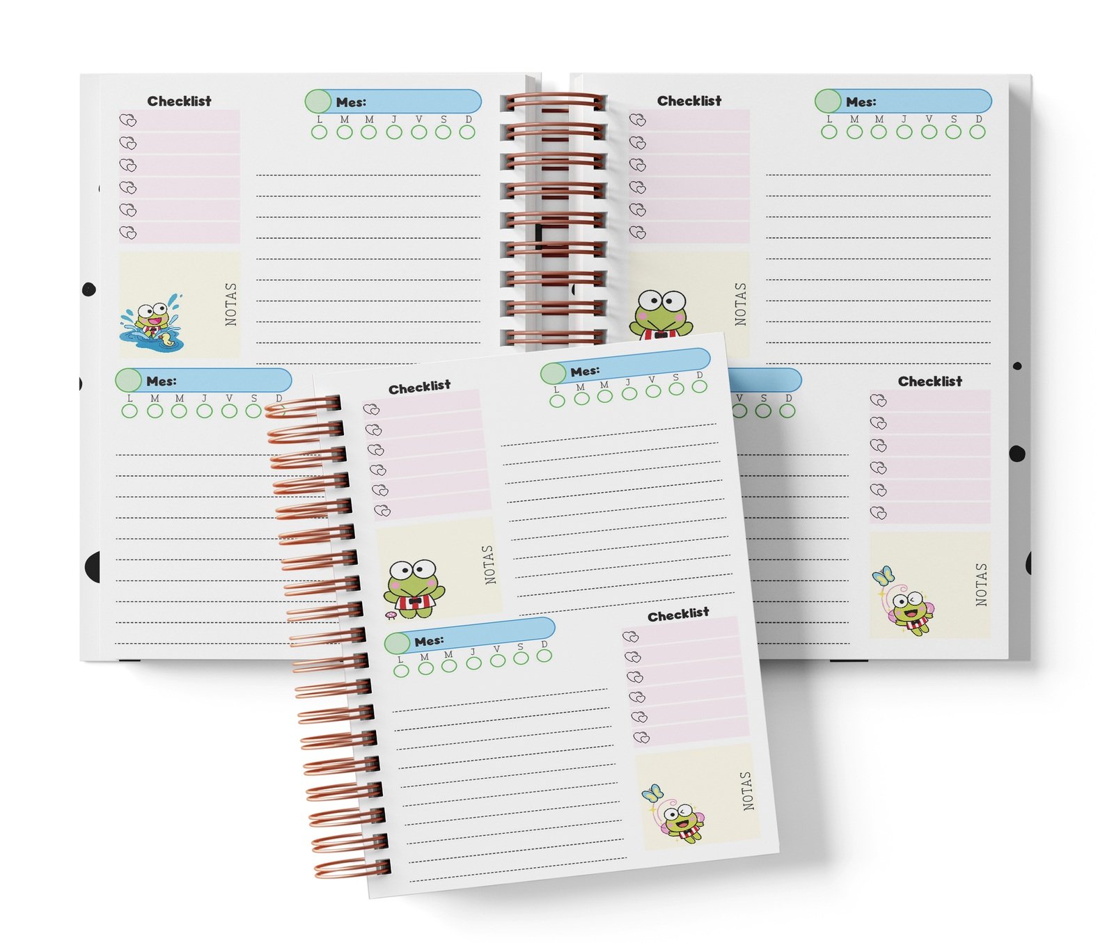 Planner Keroppi con dos espacios por página, Mes y día por completar, Checklist y notas.