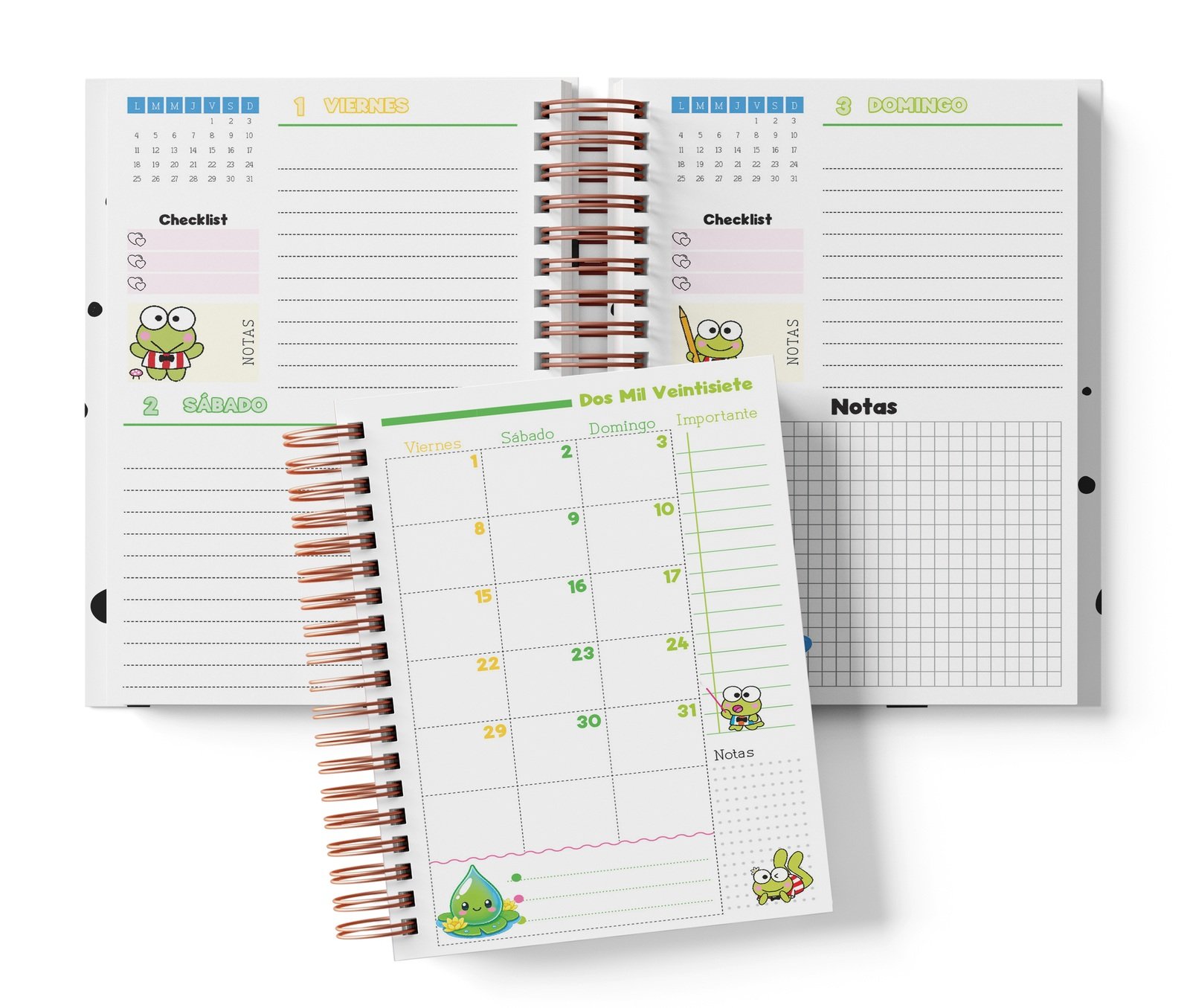 Interior Keroppi de dos días fechado: viernes y sábado, domingo con notas y muestra mensual.