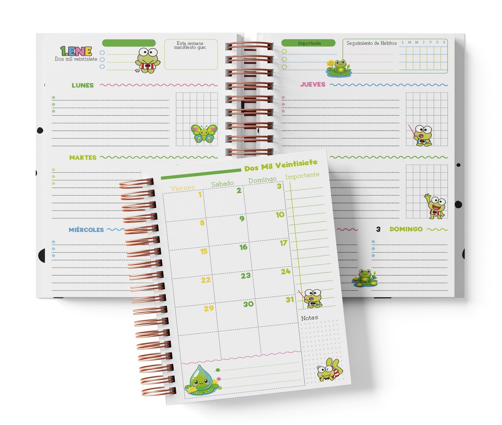 Interior semanal Keroppi con planificación por días, Seguimiento de Hábitos y muestra mensual.