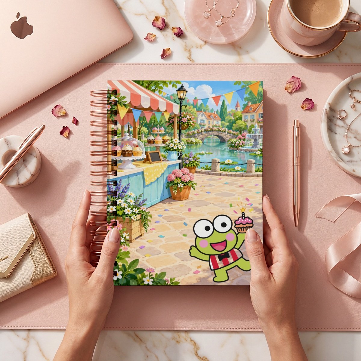 Mockup de portada Keroppi 010: Keroppi con cupcake ante puesto de repostería, flores y un puente sobre canal; frente del cuaderno entre manos.