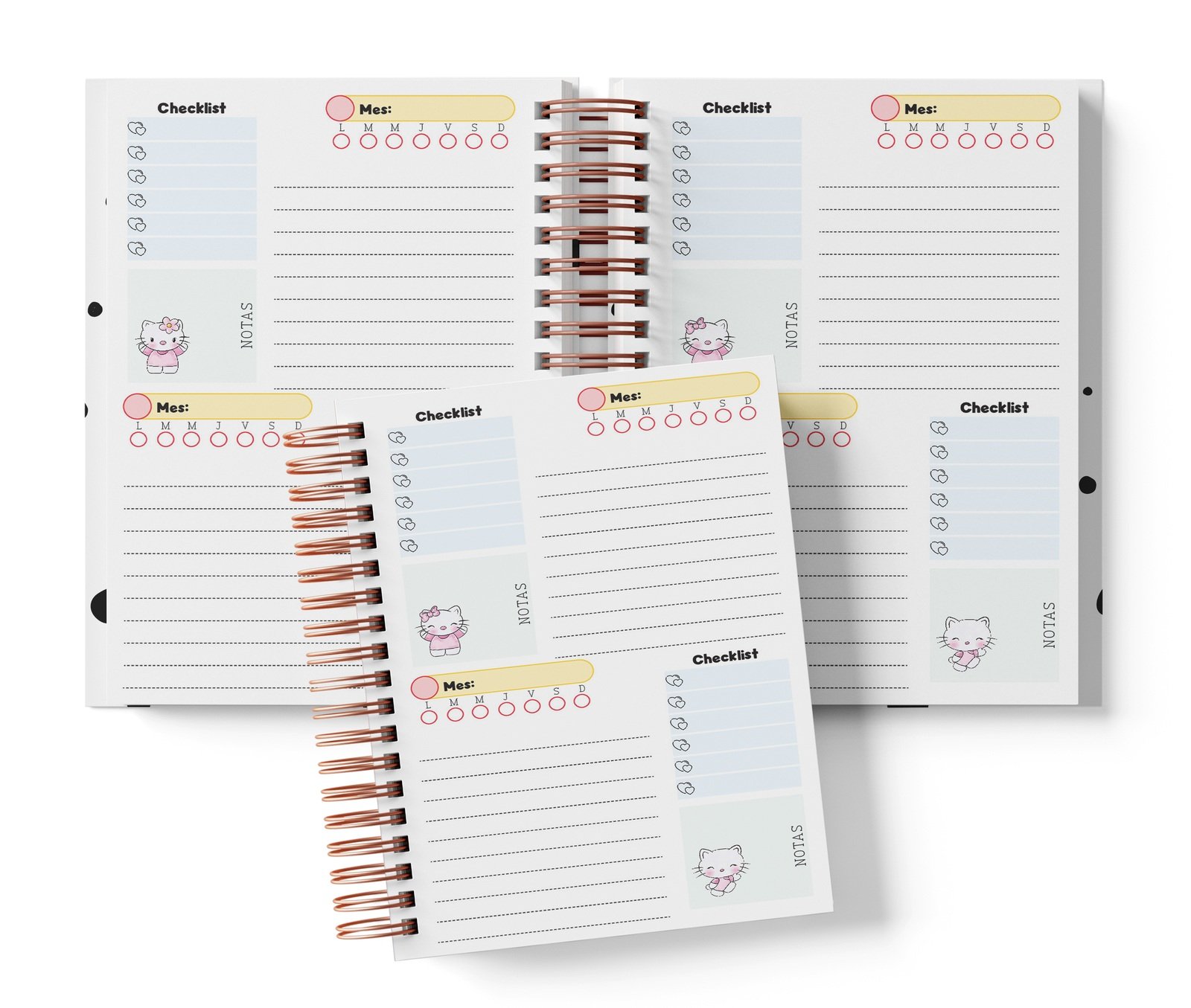 Planner Kitty con dos espacios por página, Mes y día por completar, Checklist y notas.