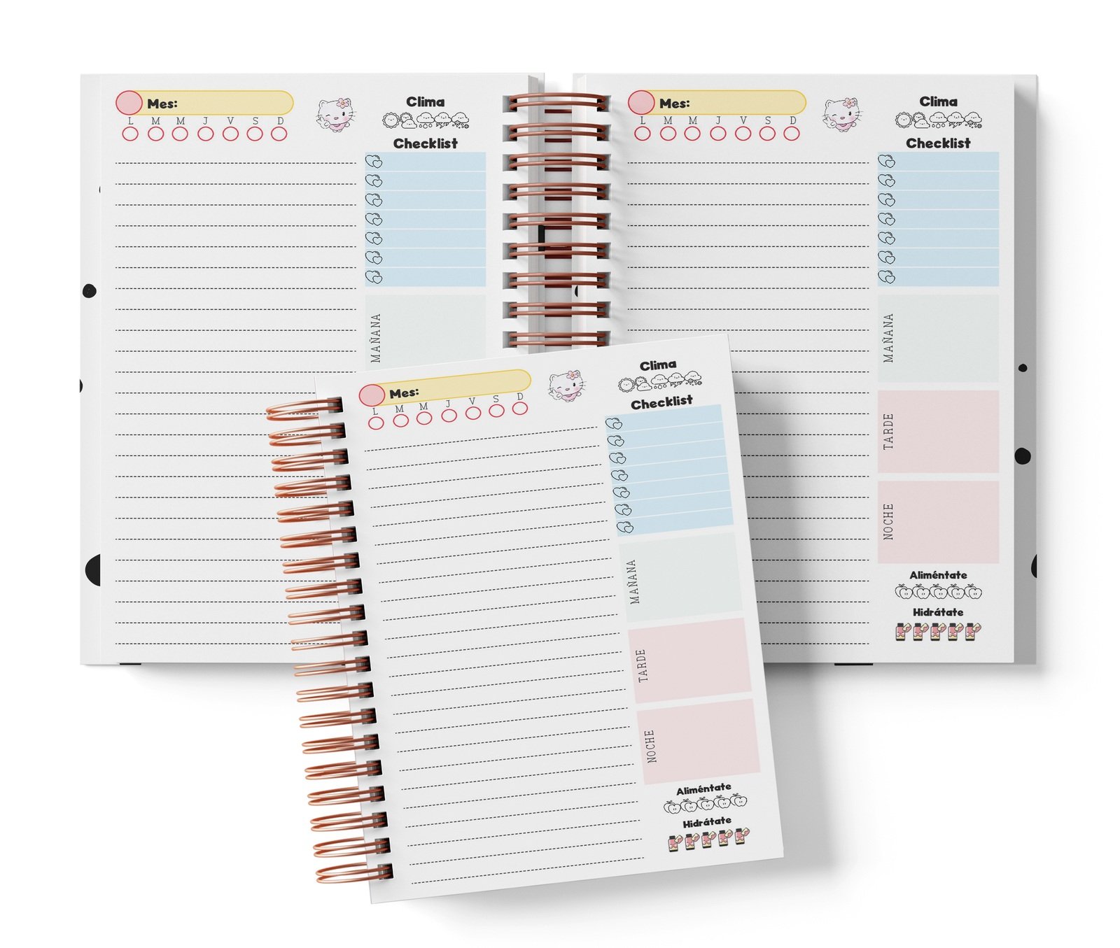 Planner diario Kitty con Mes y selector de día por completar, clima, Checklist, alimentación e hidratación.