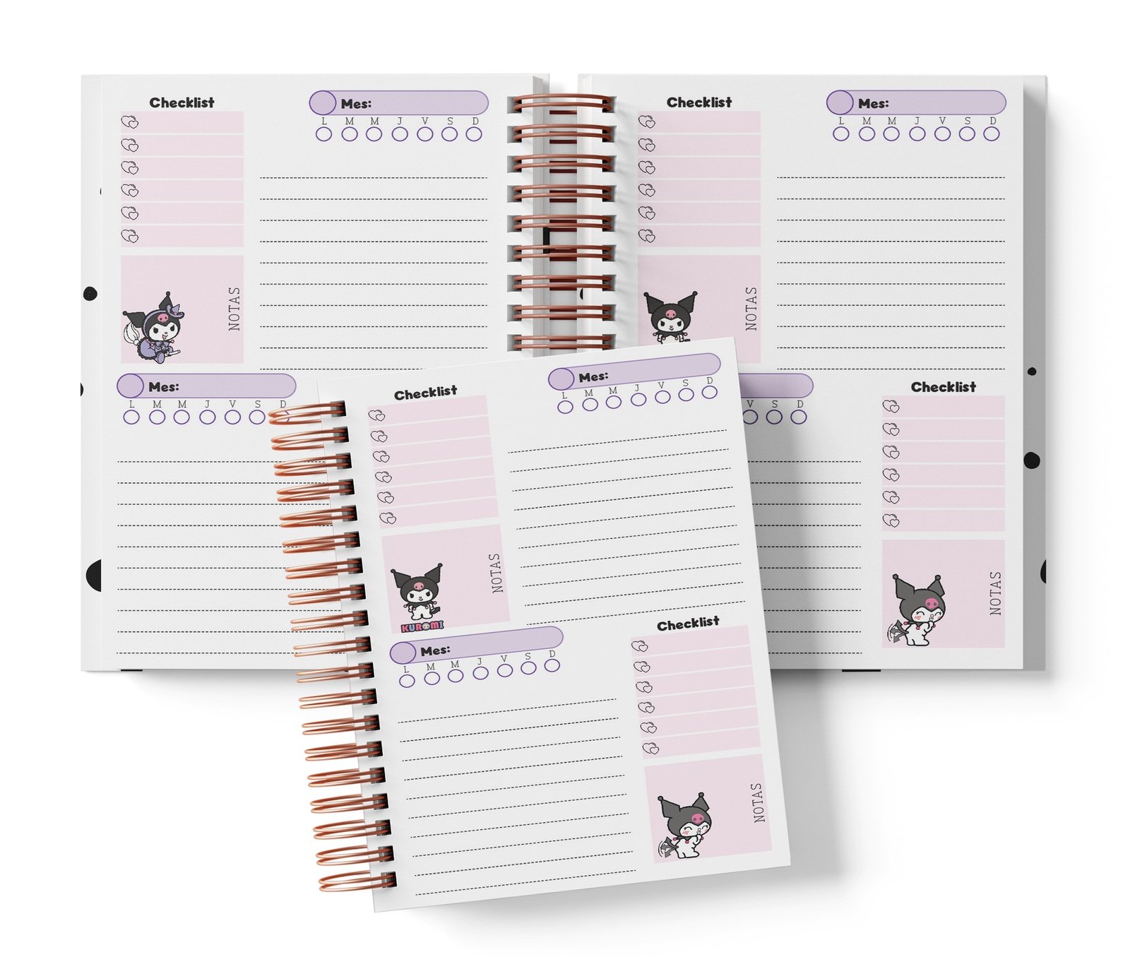 Planner Kuromi con dos espacios por página, Mes y día por completar, Checklist y notas.