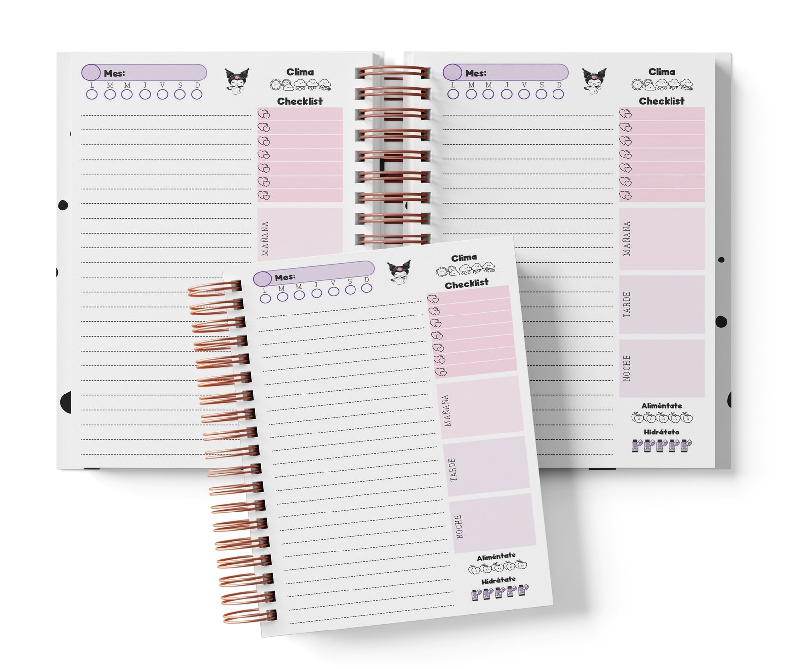 Planner diario Kuromi con Mes y selector de día por completar, clima, Checklist, alimentación e hidratación.