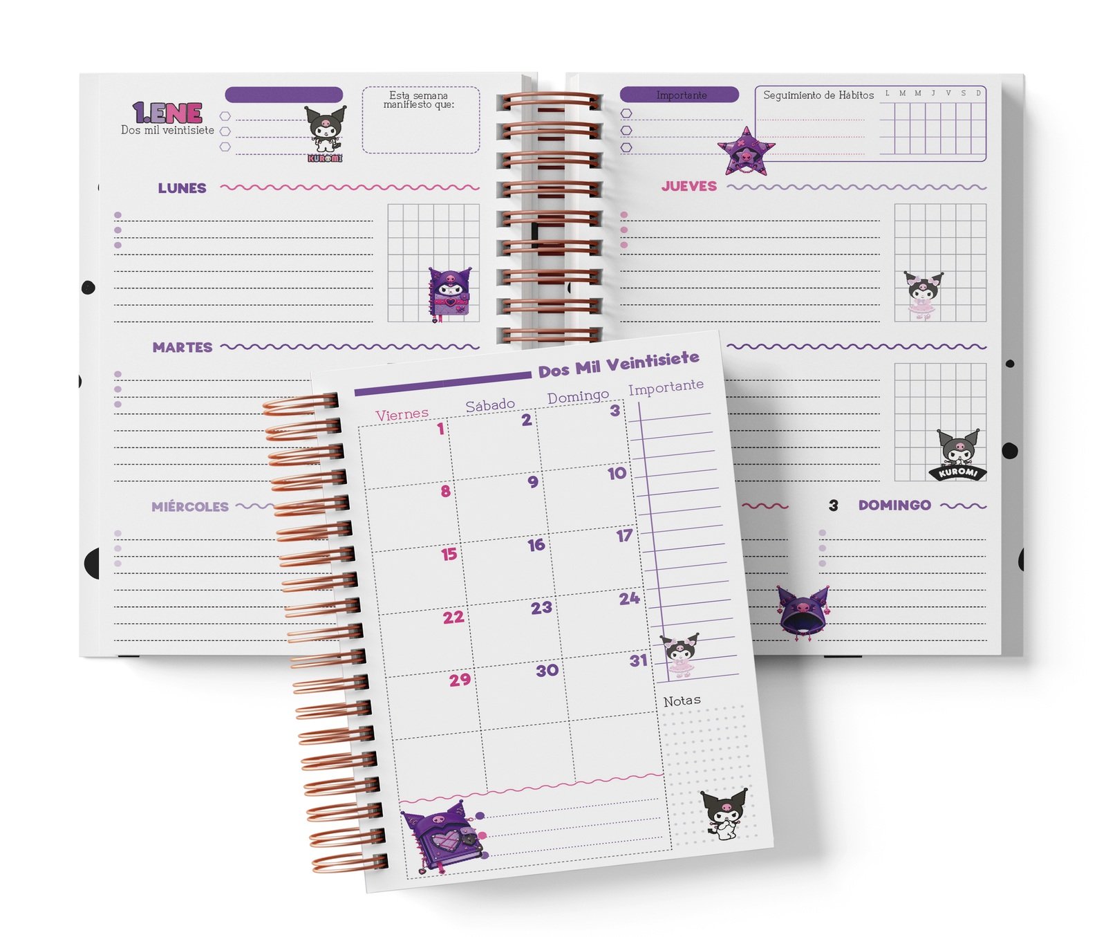 Interior semanal Kuromi con planificación por días, Seguimiento de Hábitos y muestra mensual.