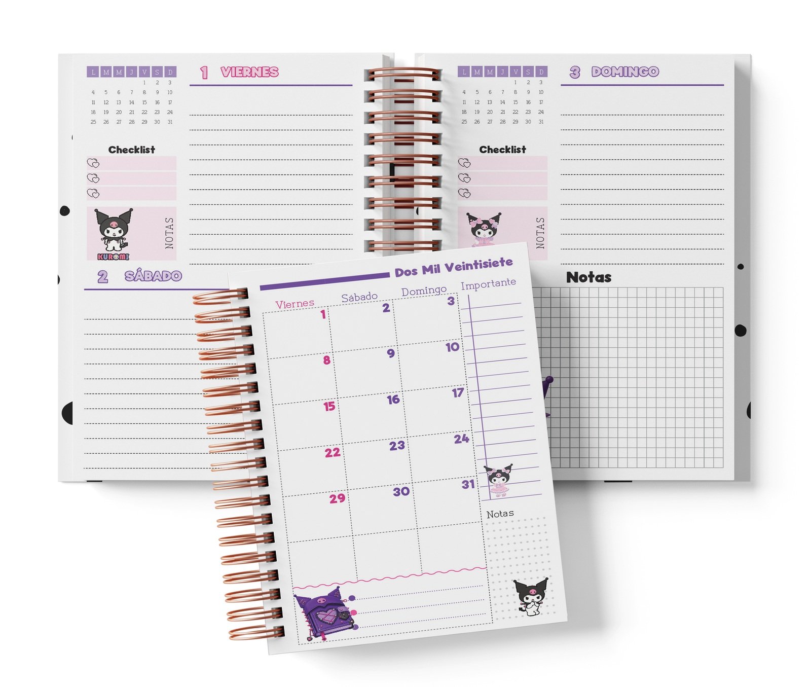 Interior Kuromi de dos días fechado: viernes y sábado, domingo con notas y muestra mensual.