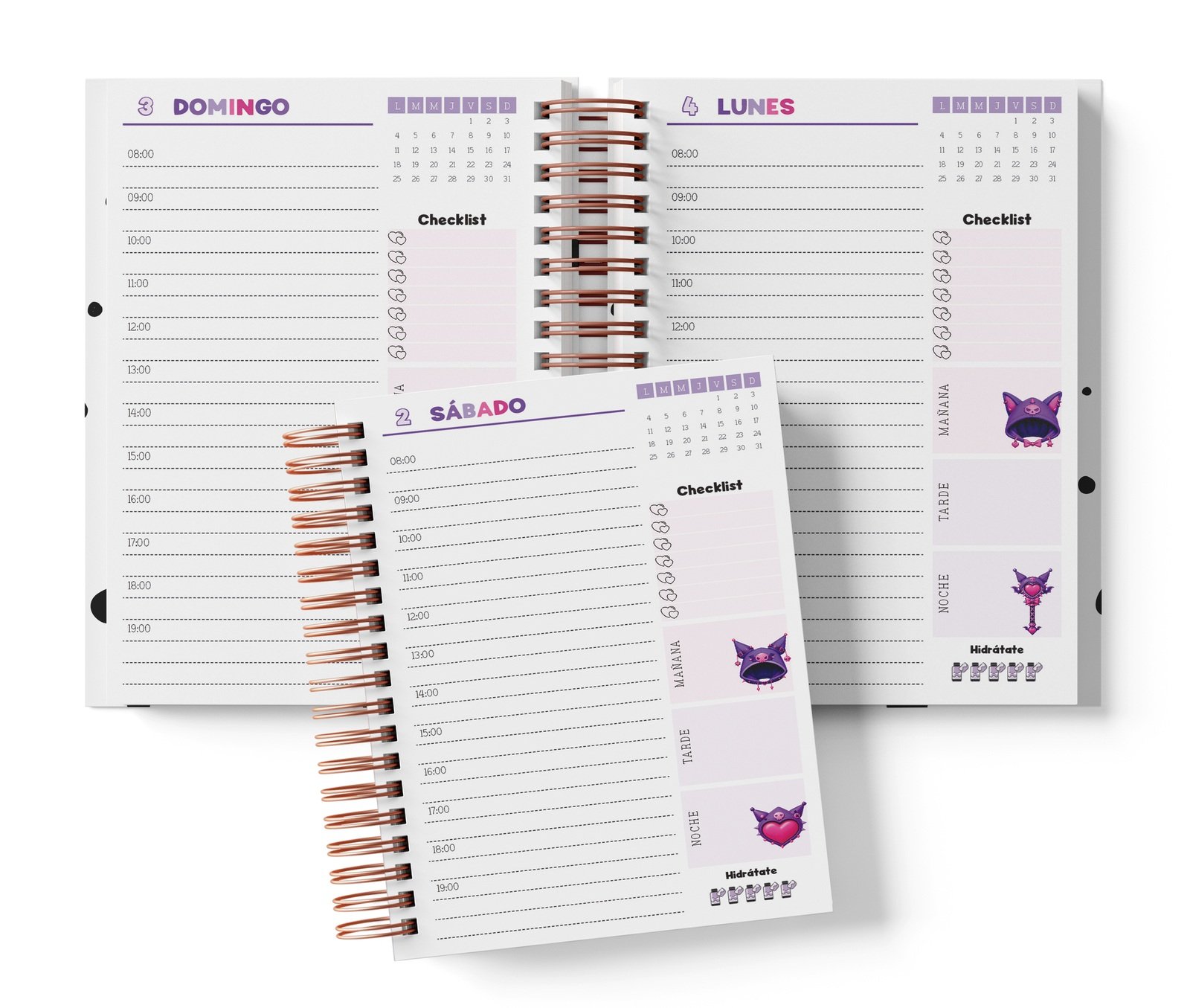 Diaria Kuromi con horario de 08:00 a 19:00, Checklist y bloques de mañana, tarde y noche.
