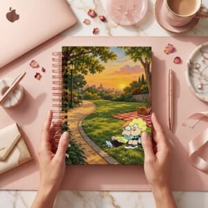 Mockup de portada Mafalda 010: dos personajes sentados en un parque al atardecer junto a manta y canasta de picnic; se muestra el frente del cuaderno.