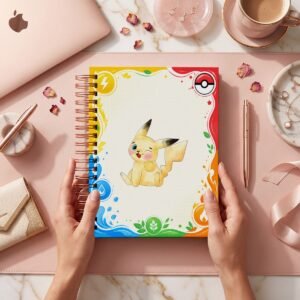 Mockup de cubierta Pokémon 021: Pikachu centrado sobre crema, marco de colores y símbolos de rayo, agua, hoja, fuego y Poké Ball.