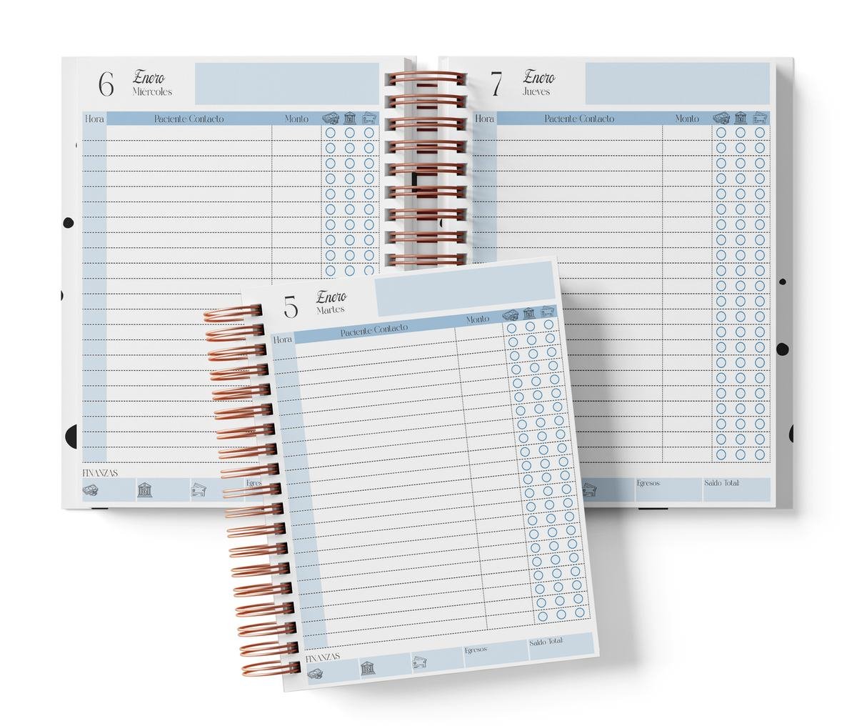 Diario sin horario impreso, color azul, del Pack Internista 2027. Mockup original del interior PDF de 410 páginas; muestra de impresión.