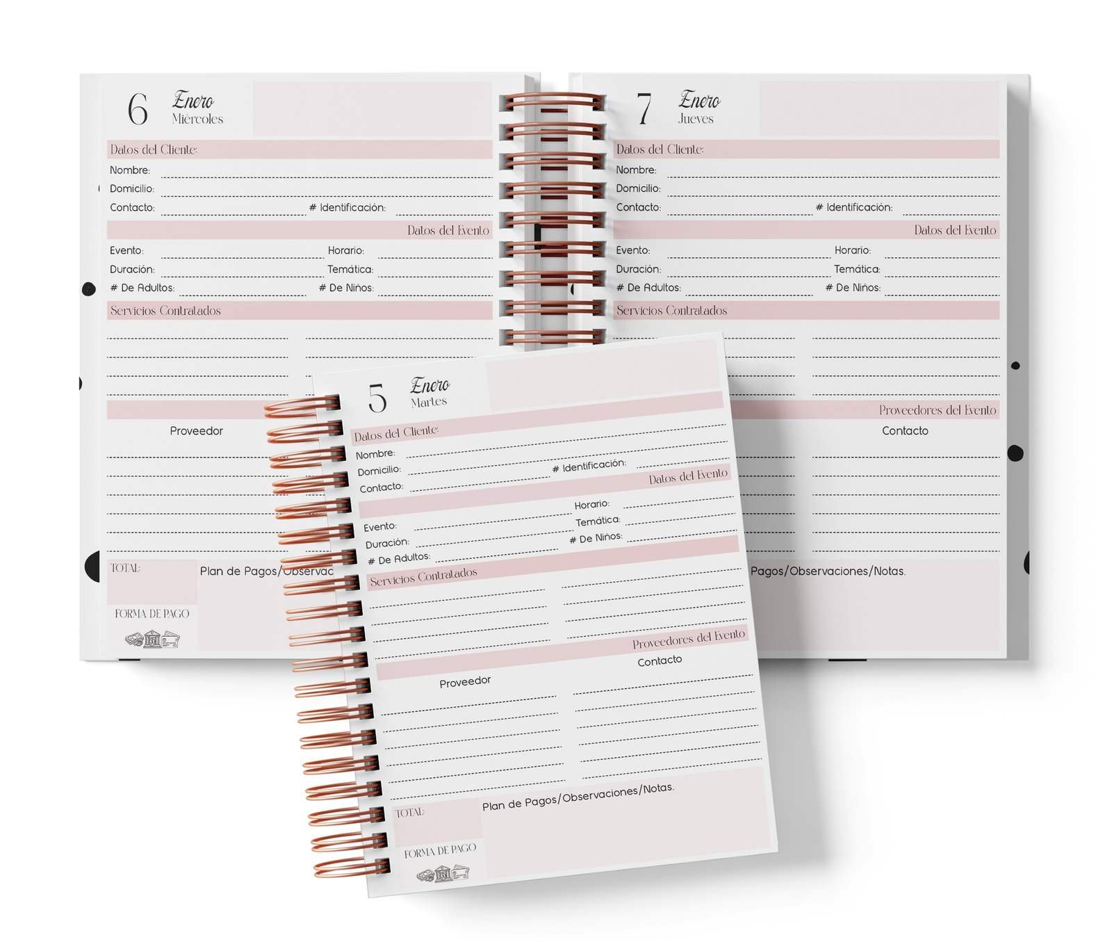 Diario de eventos, color rosa, del Pack Organizadora de Eventos 2027. Mockup original del interior PDF de 410 páginas; muestra de impresión.