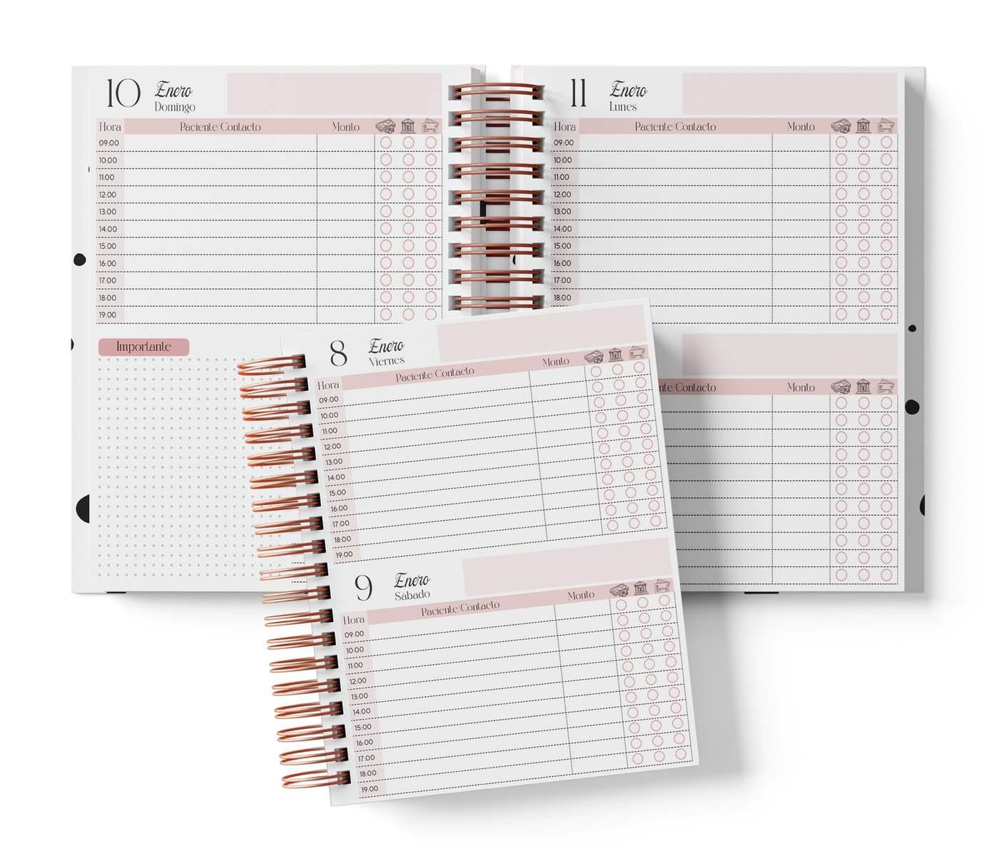 Dos días por página con horario, color rosa, del Pack Veterinaria 2027. Mockup original del interior PDF de 258 páginas; muestra de impresión.
