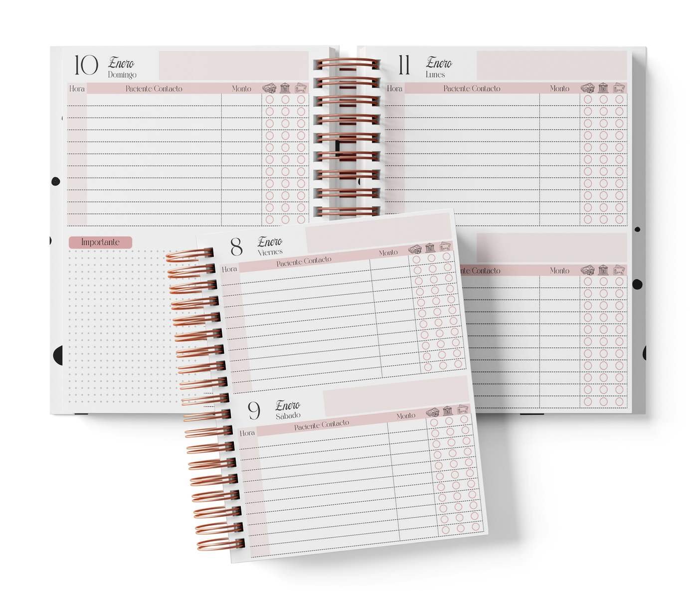 Dos días por página, color rosa, del Pack Ginecólogo-Obstetra 2027. Mockup original del interior PDF de 258 páginas; muestra de impresión.