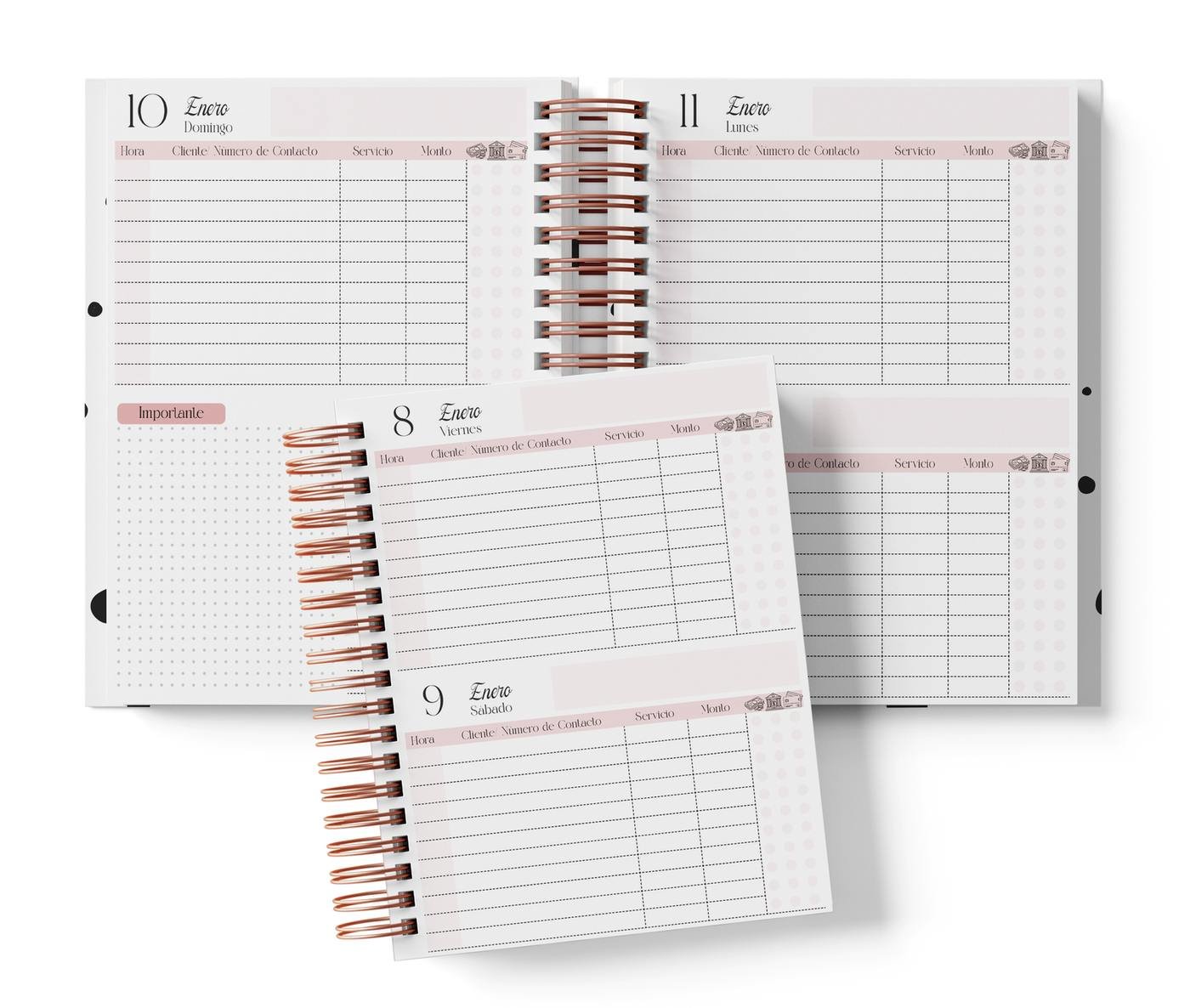 Dos días por página, color rosa, del Pack Manicurista 2027. Mockup original del interior PDF de 258 páginas; muestra de impresión.