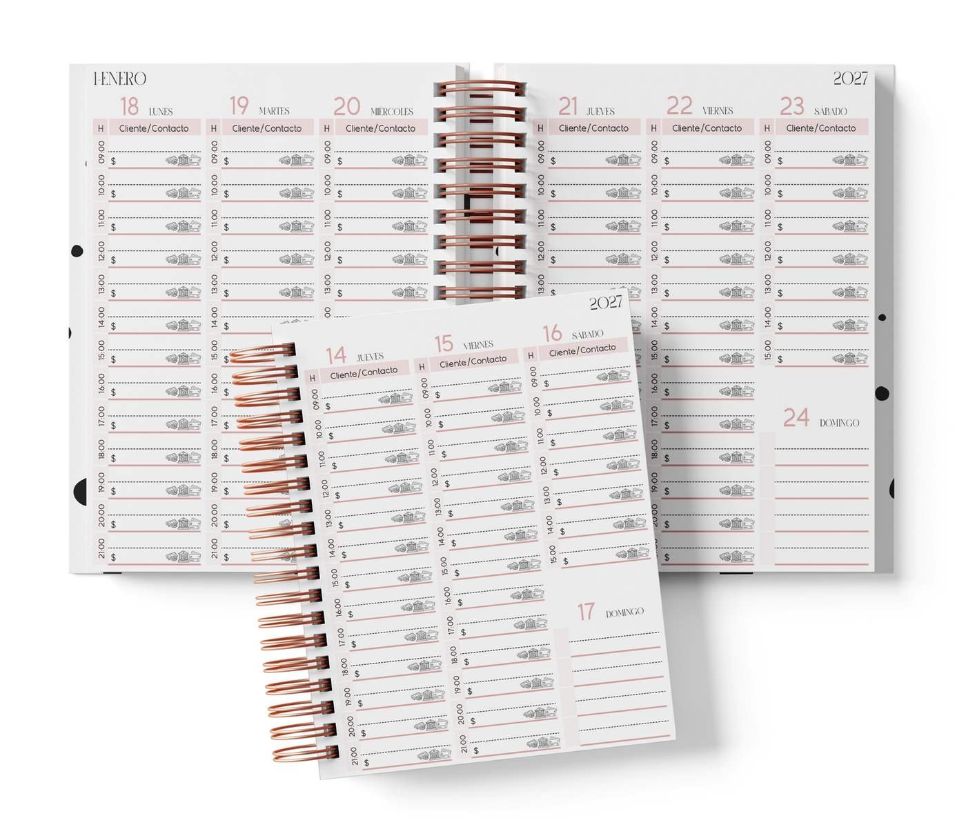 Semanal con horario, color rosa, del Pack Instructor de Pilates 2027. Mockup original del interior PDF de 198 páginas; muestra de impresión.
