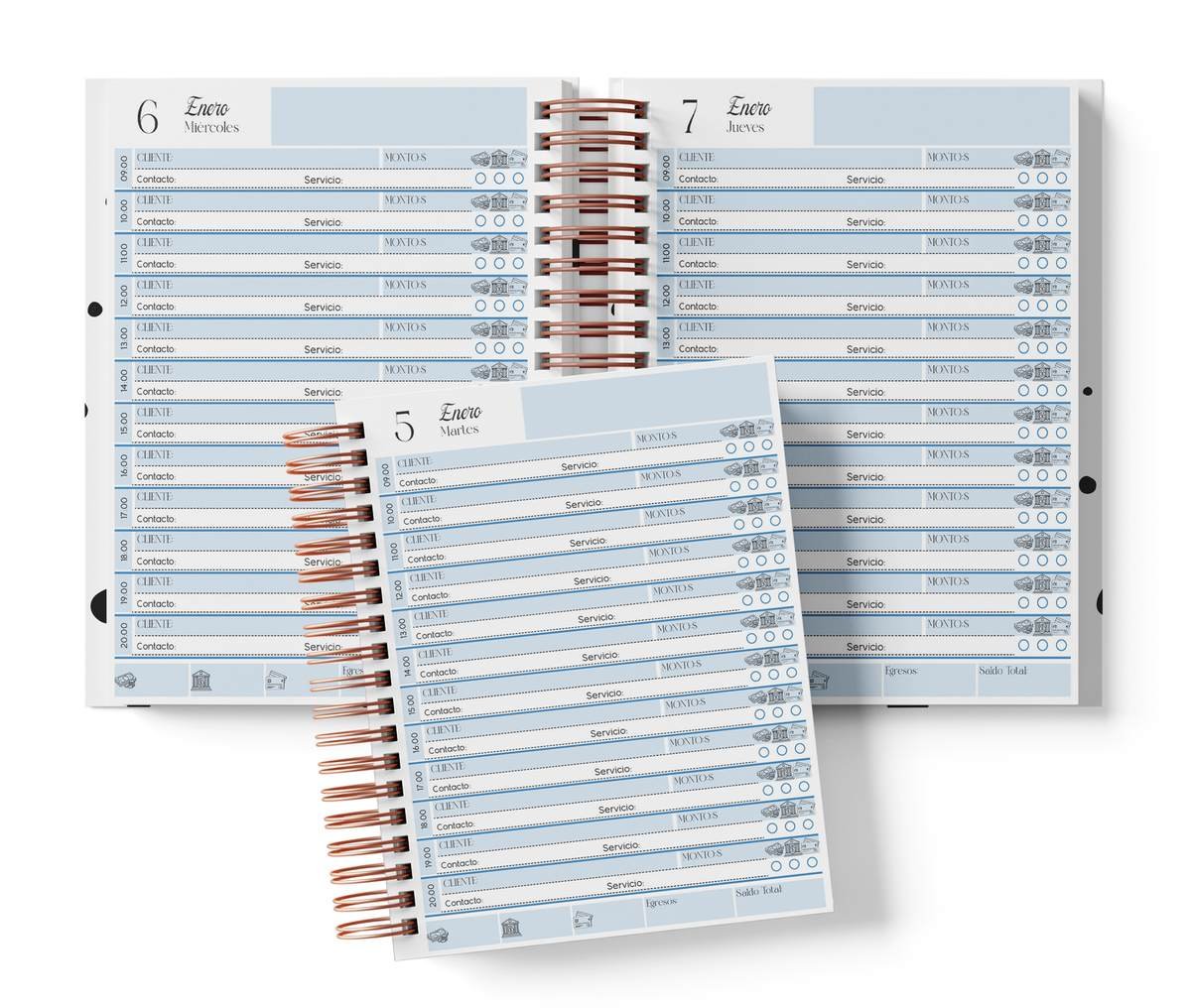 Diario en bloques con horario, color azul, del Pack Instructor de Pilates 2027. Mockup original del interior PDF de 410 páginas; muestra de impresión.