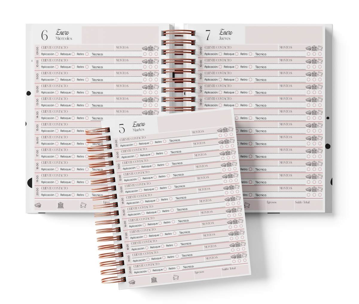 Diario de servicios con horario, color rosa, del Pack Lashista 2027. Mockup original del interior PDF de 410 páginas; muestra de impresión.