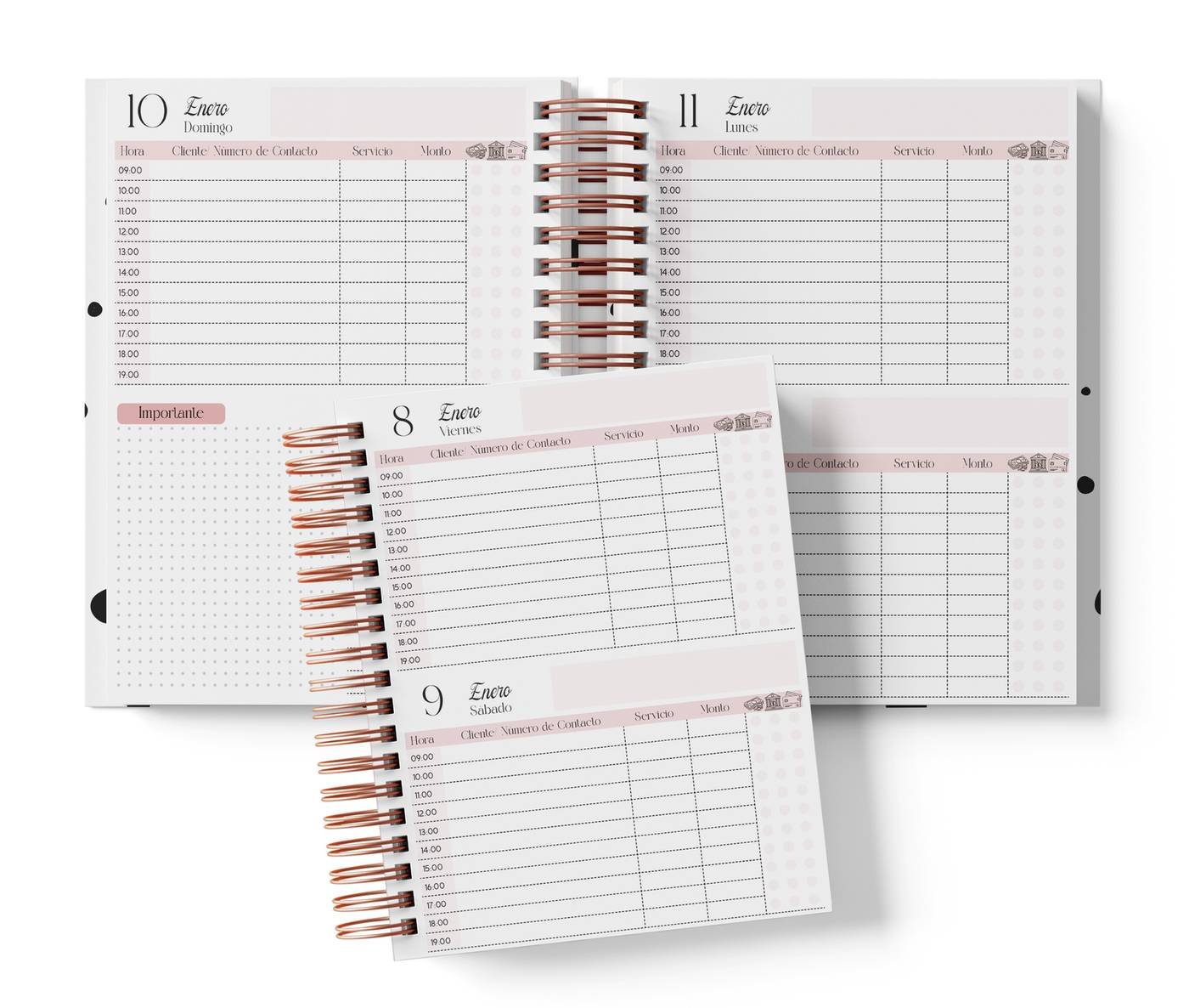 Dos días por página con horario, color rosa, del Pack Lashista 2027. Mockup original del interior PDF de 258 páginas; muestra de impresión.