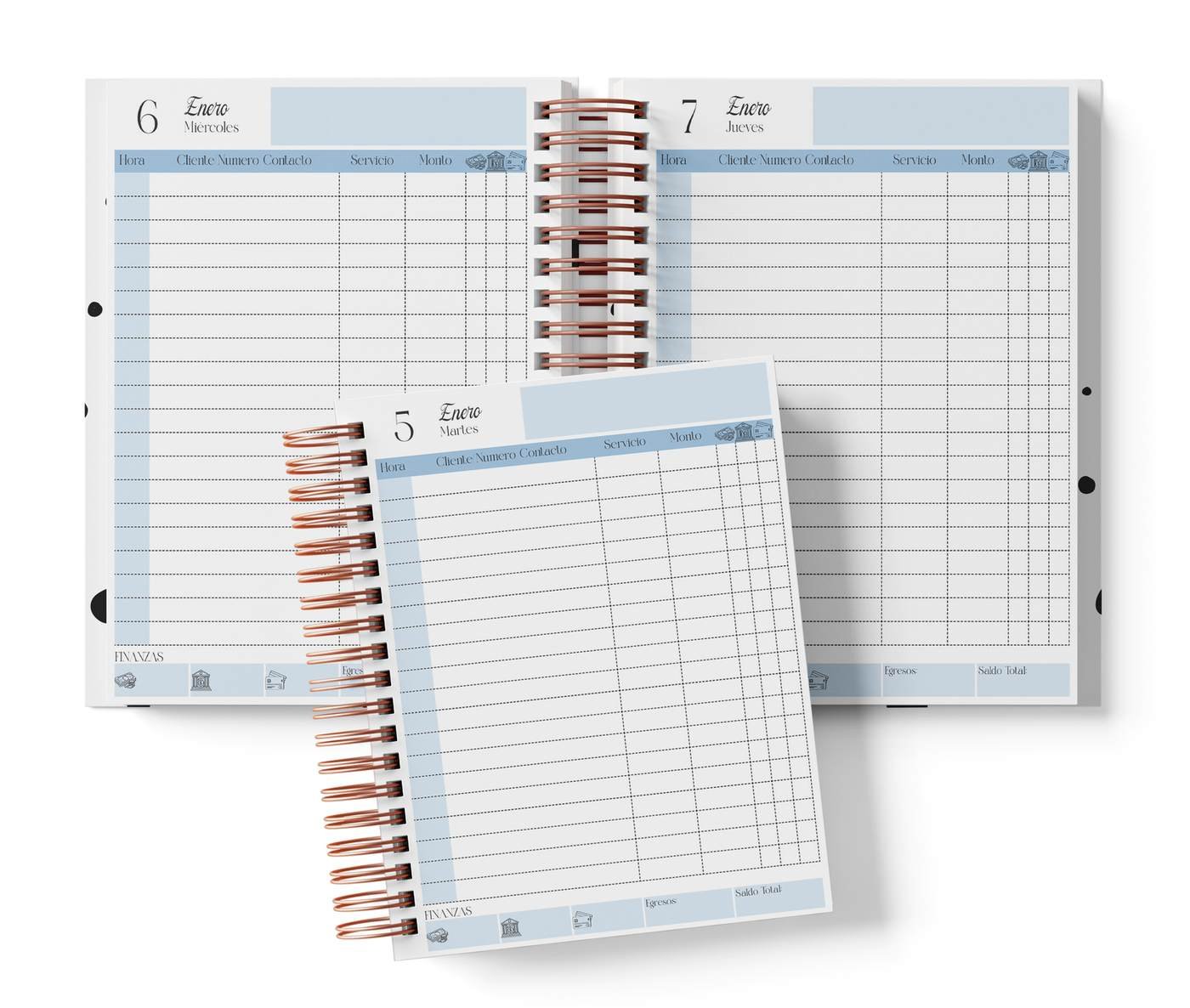 Diario en tabla sin horario impreso, color azul, del Pack Técnico en Depilación 2027. Mockup original del interior PDF de 410 páginas; muestra de impresión.