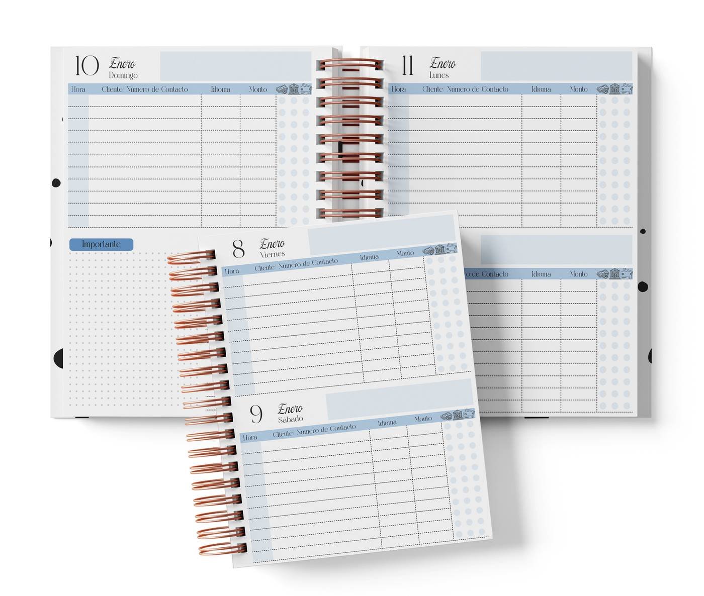 Dos días por página, color azul, del Pack Profesor de Idiomas 2027. Mockup original del interior PDF de 258 páginas; muestra de impresión.