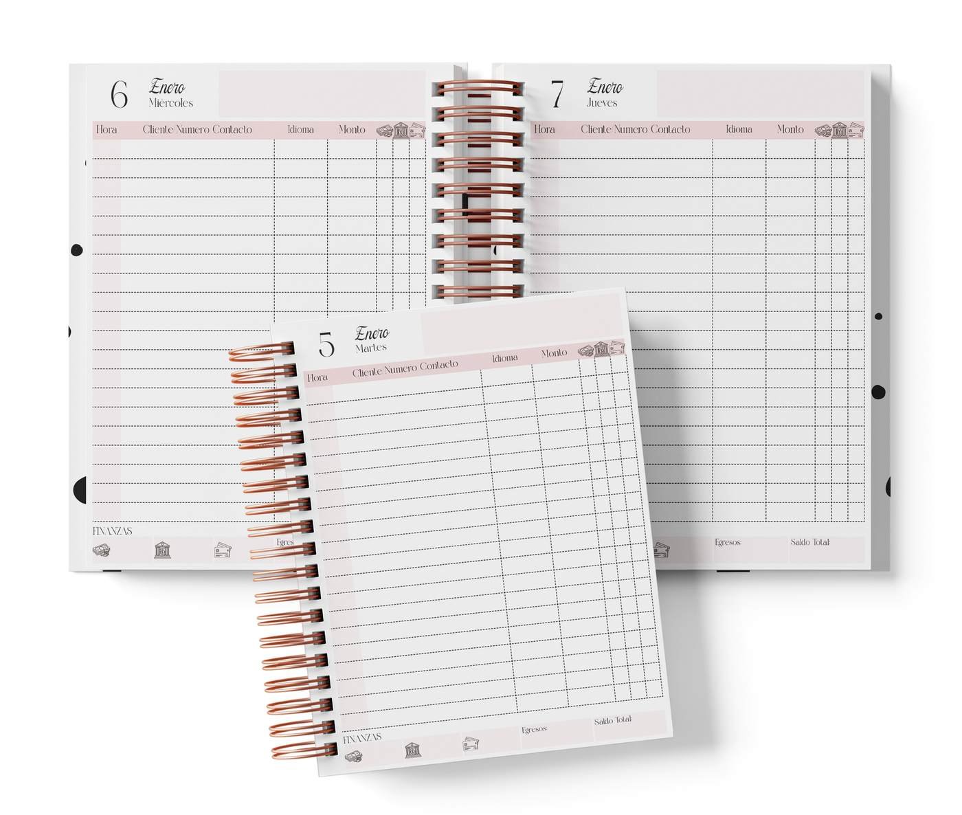 Diario en tabla sin horario impreso, color rosa, del Pack Profesor de Idiomas 2027. Mockup original del interior PDF de 410 páginas; muestra de impresión.