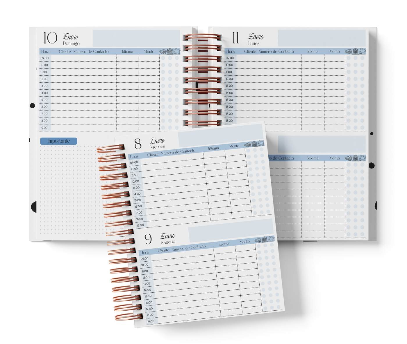 Dos días por página con horario, color azul, del Pack Profesor de Idiomas 2027. Mockup original del interior PDF de 258 páginas; muestra de impresión.