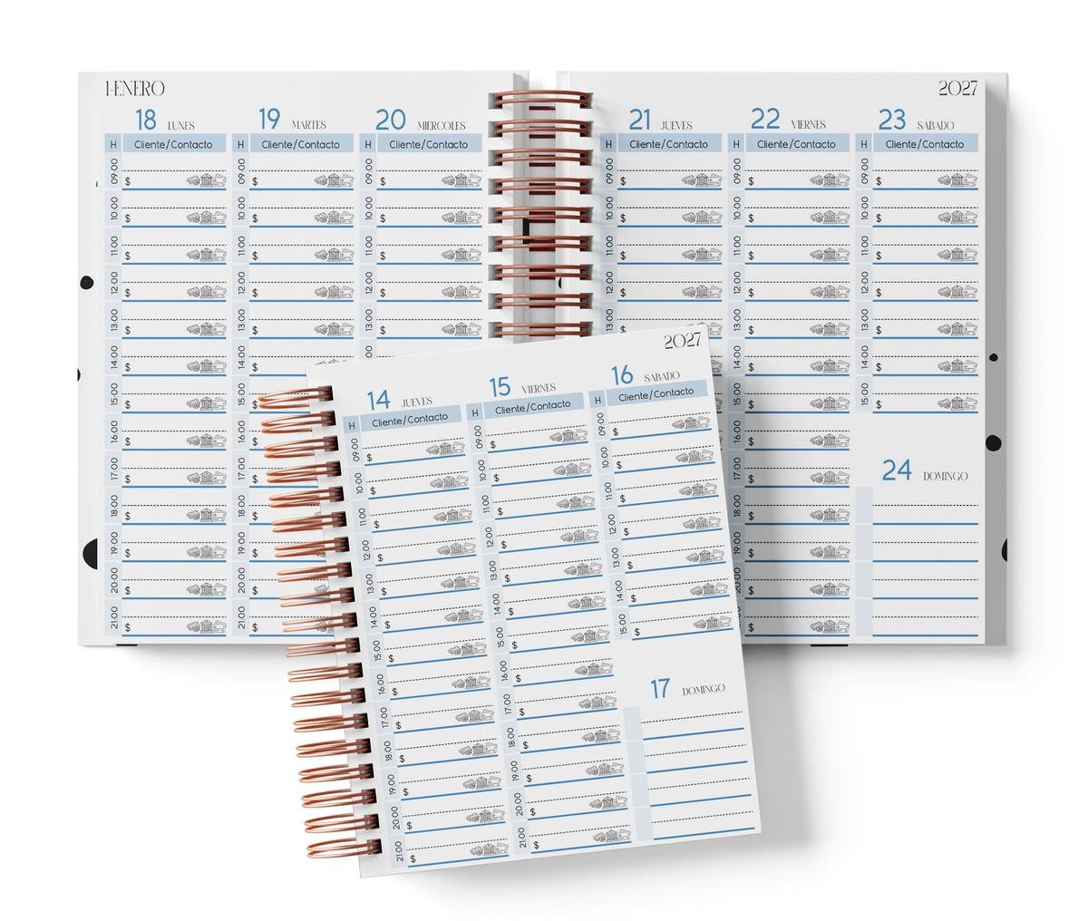 Semanal con horario, color azul, del Pack Técnico en Uñas 2027. Mockup original del interior PDF de 198 páginas; muestra de impresión.