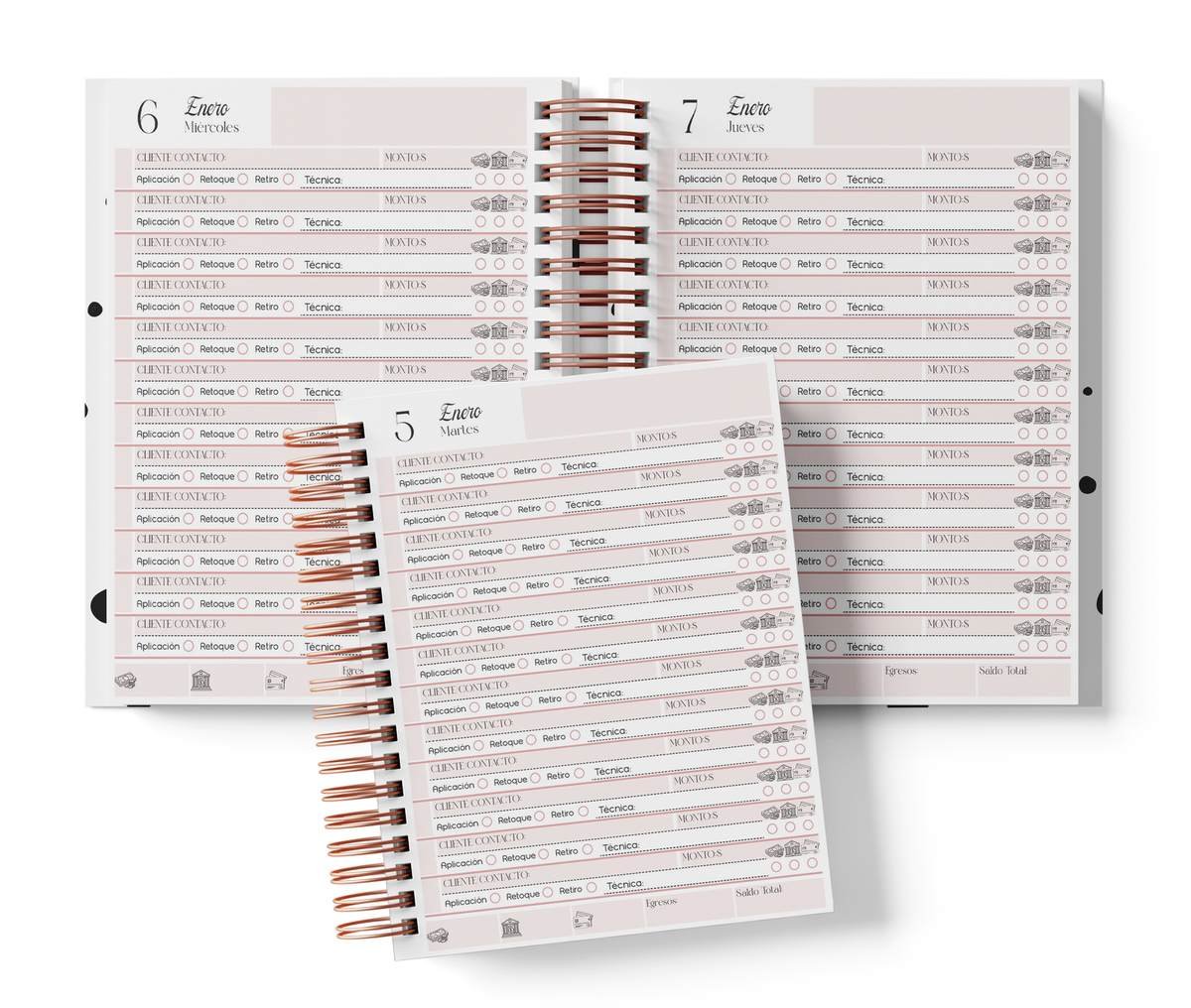 Diario de servicios, color rosa, del Pack Técnico en Uñas 2027. Mockup original del interior PDF de 410 páginas; muestra de impresión.