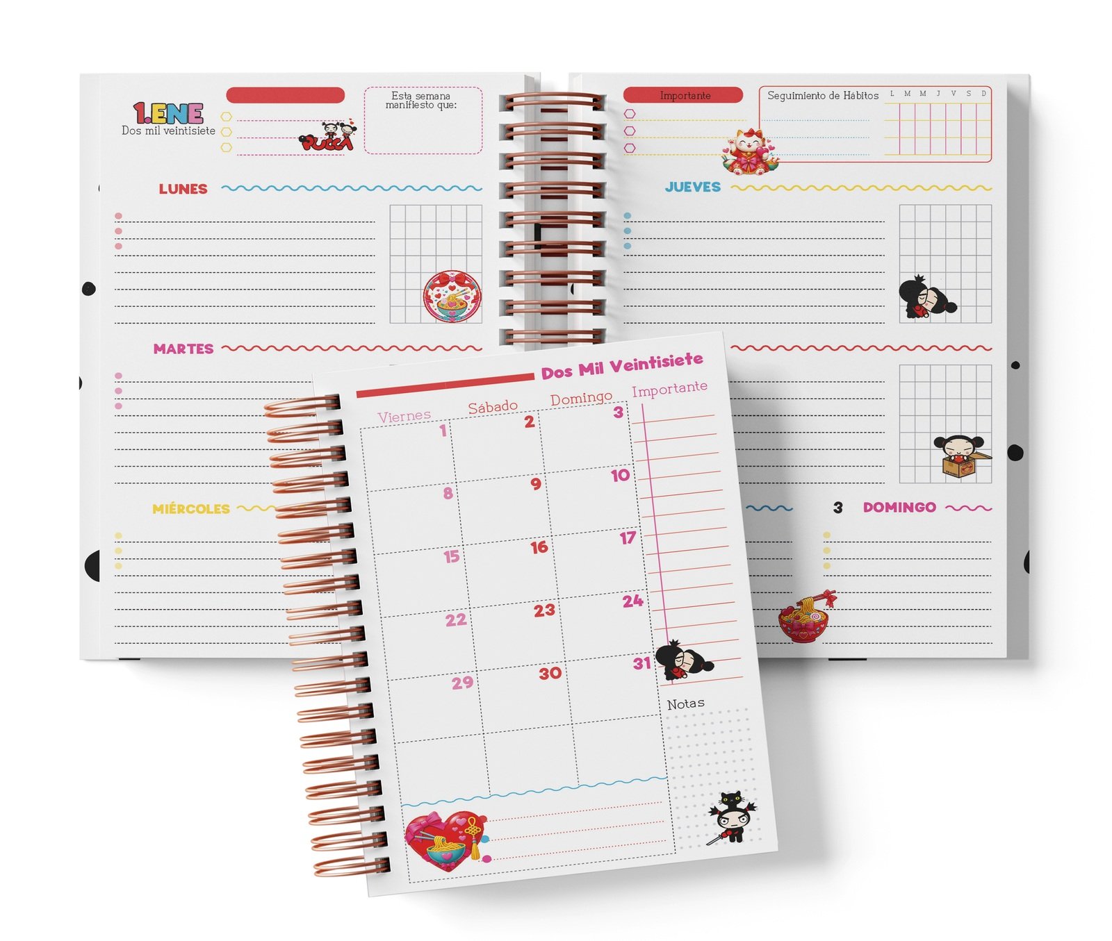 Interior semanal Pucca con planificación por días, Seguimiento de Hábitos y muestra mensual.