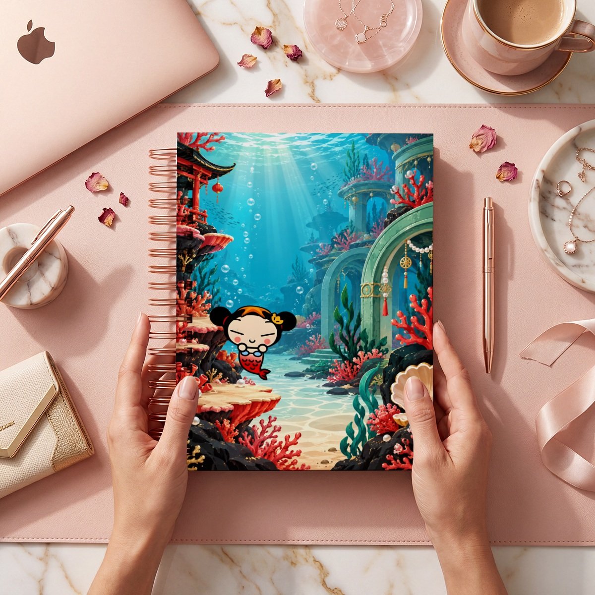 Mockup de cubierta Pucca 005: personaje como sirena en paisaje submarino turquesa con corales, arcos y construcción roja.