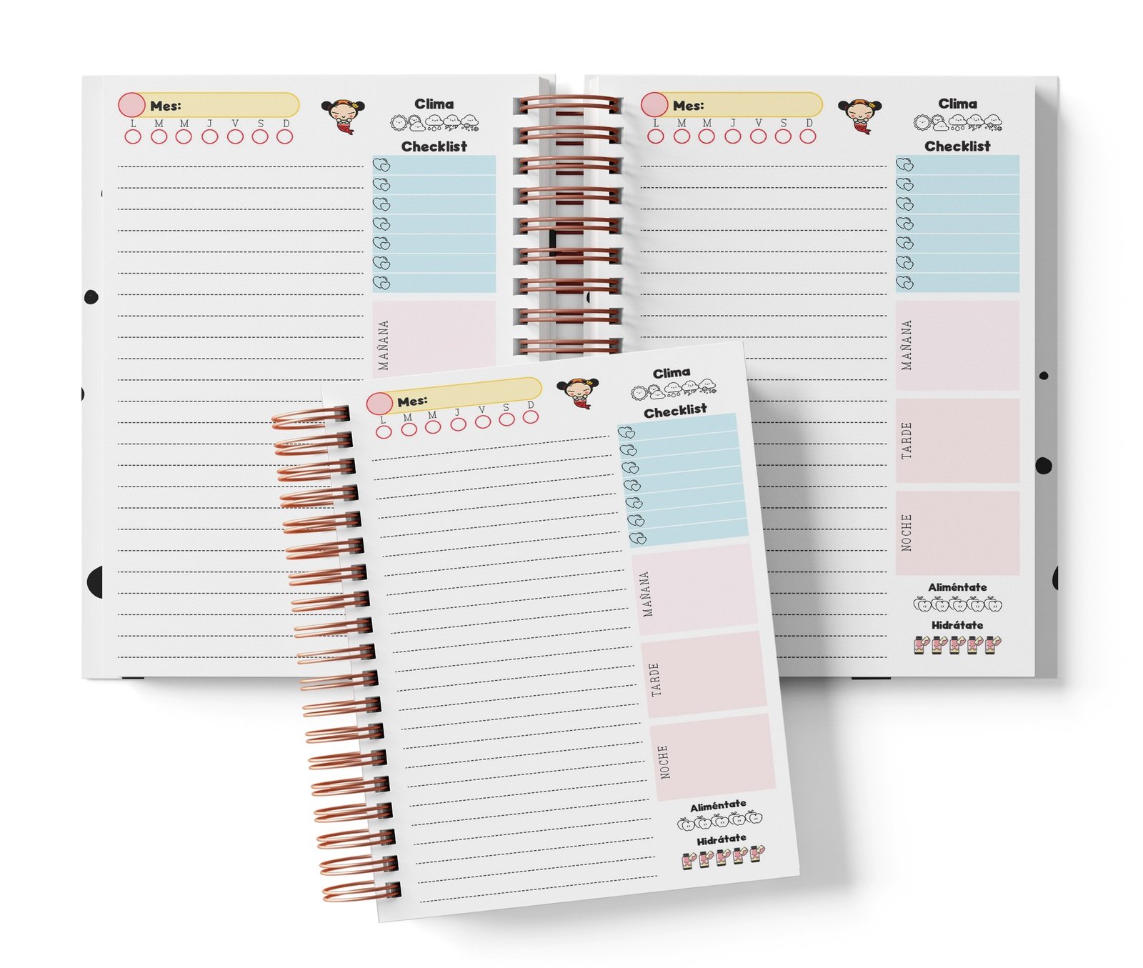 Planner diario Pucca con Mes y selector de día por completar, clima, Checklist, alimentación e hidratación.