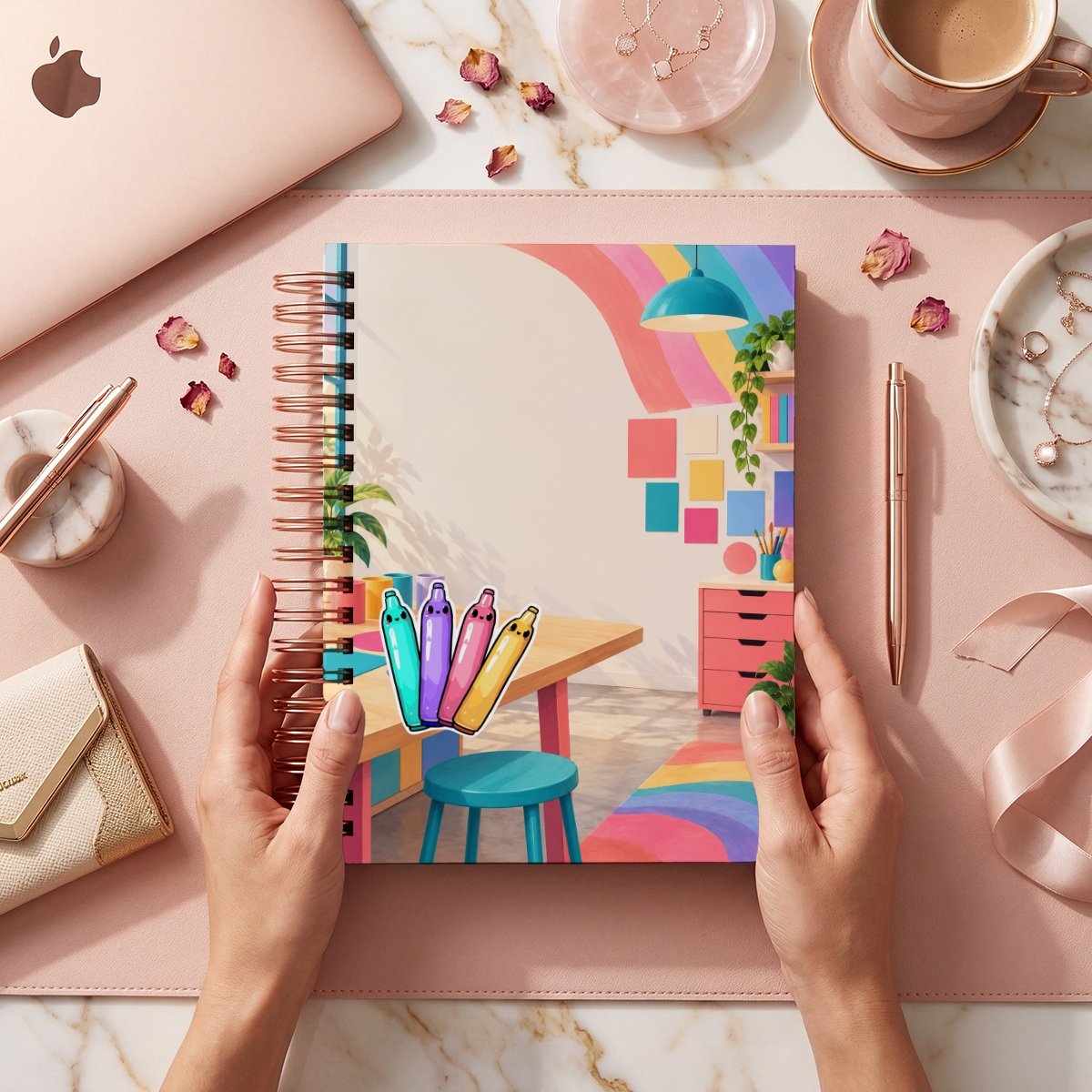 Mockup comercial de Rainbow 005: cubierta con escritorio, lámpara turquesa, arcoíris y cuatro marcadores sonrientes; manos y objetos de ambientación no incluidos.