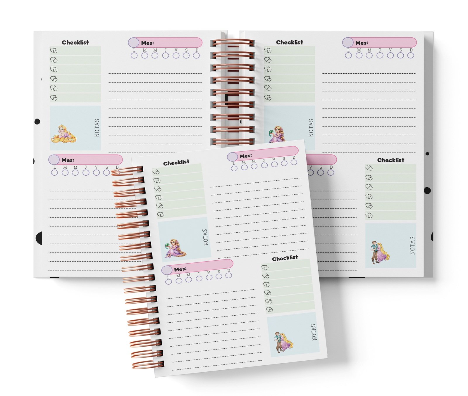 Planner Rapunzel con dos espacios por página, Mes y día por completar, Checklist y notas.