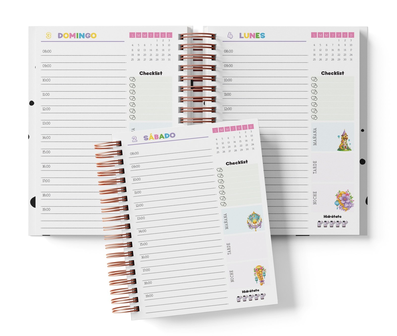 Diaria Rapunzel con horario de 08:00 a 19:00, Checklist y bloques de mañana, tarde y noche.