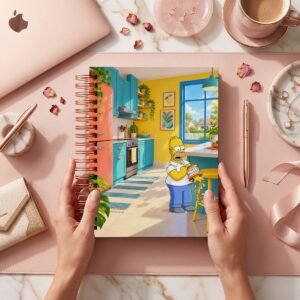 Mockup comercial de Simpsons 002: Homero con bolsa de botana en una cocina amarilla y turquesa. Manos, mesa y accesorios no incluidos.
