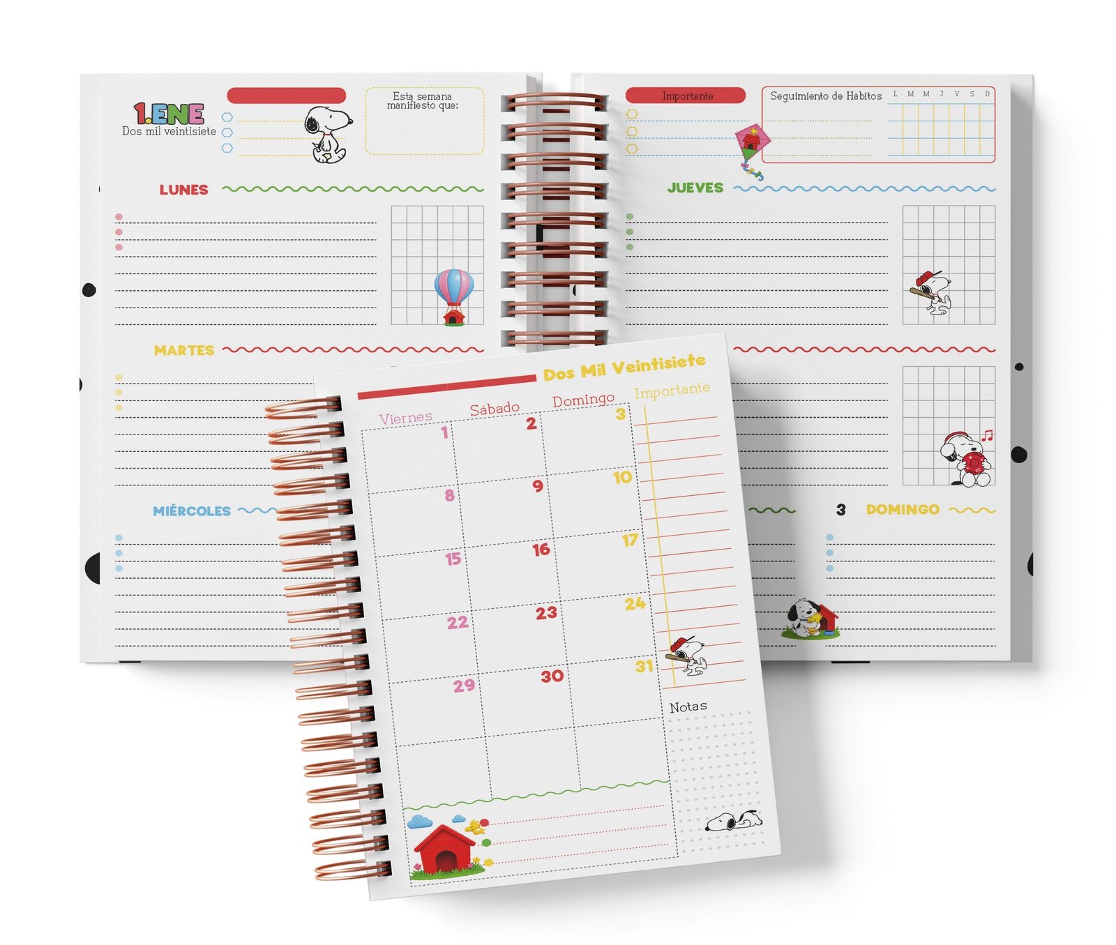 Interior semanal Snoopy con planificación por días, Seguimiento de Hábitos y muestra mensual.