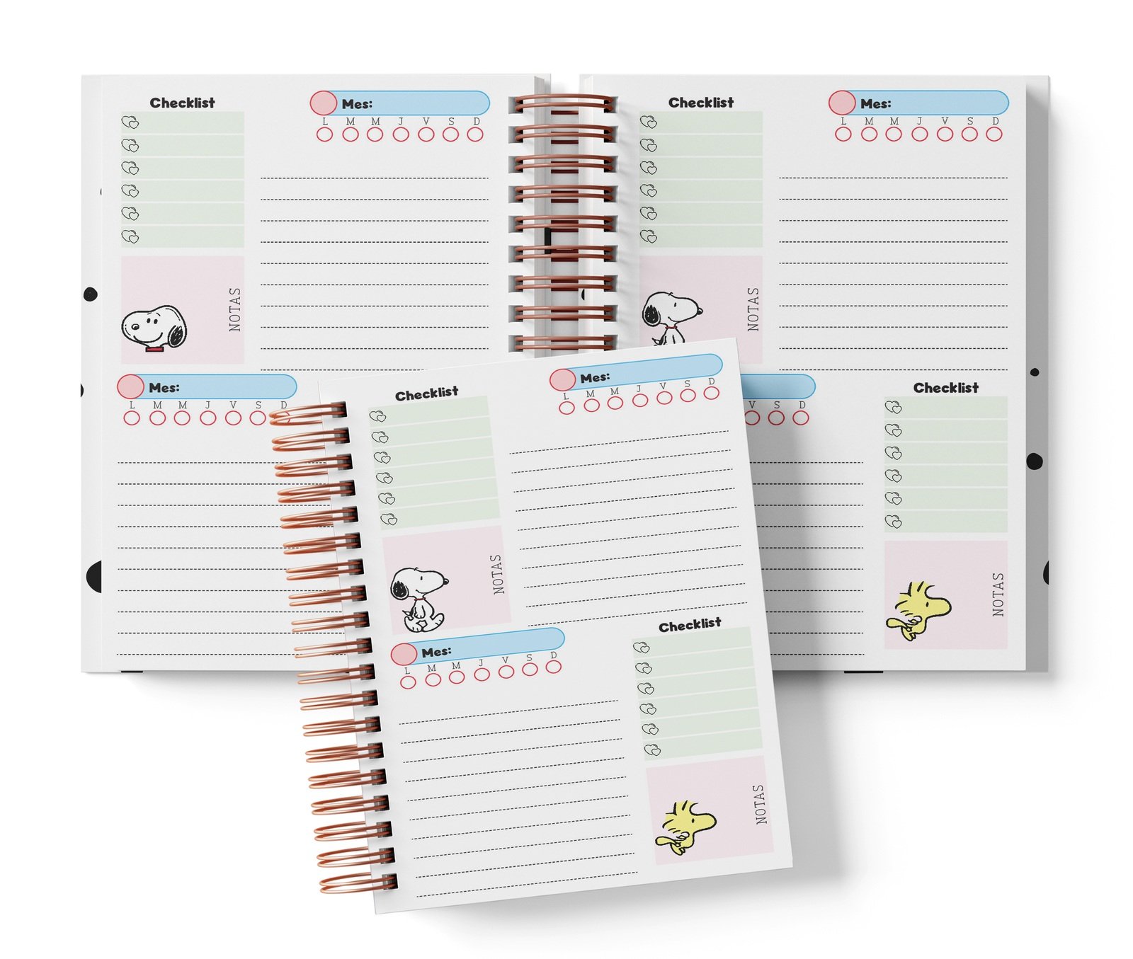 Planner Snoopy con dos espacios por página, Mes y día por completar, Checklist y notas.