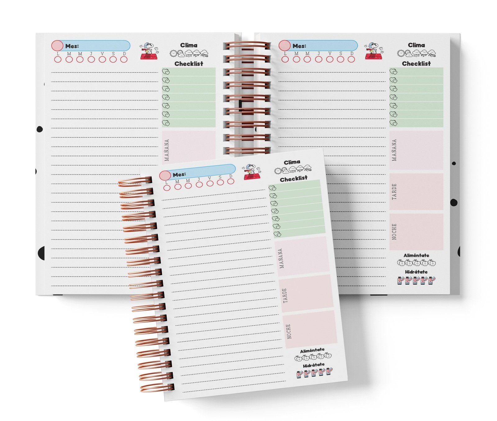 Planner diario Snoopy con Mes y selector de día por completar, clima, Checklist, alimentación e hidratación.